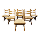 Chaises brutalistes vintage en chêne et osier, années 1960 - lot de 6