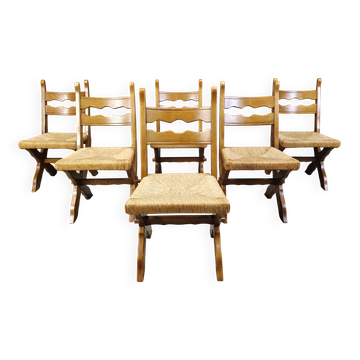 Vintage oak and wicker brutalist chairs, 1960s - set of 6