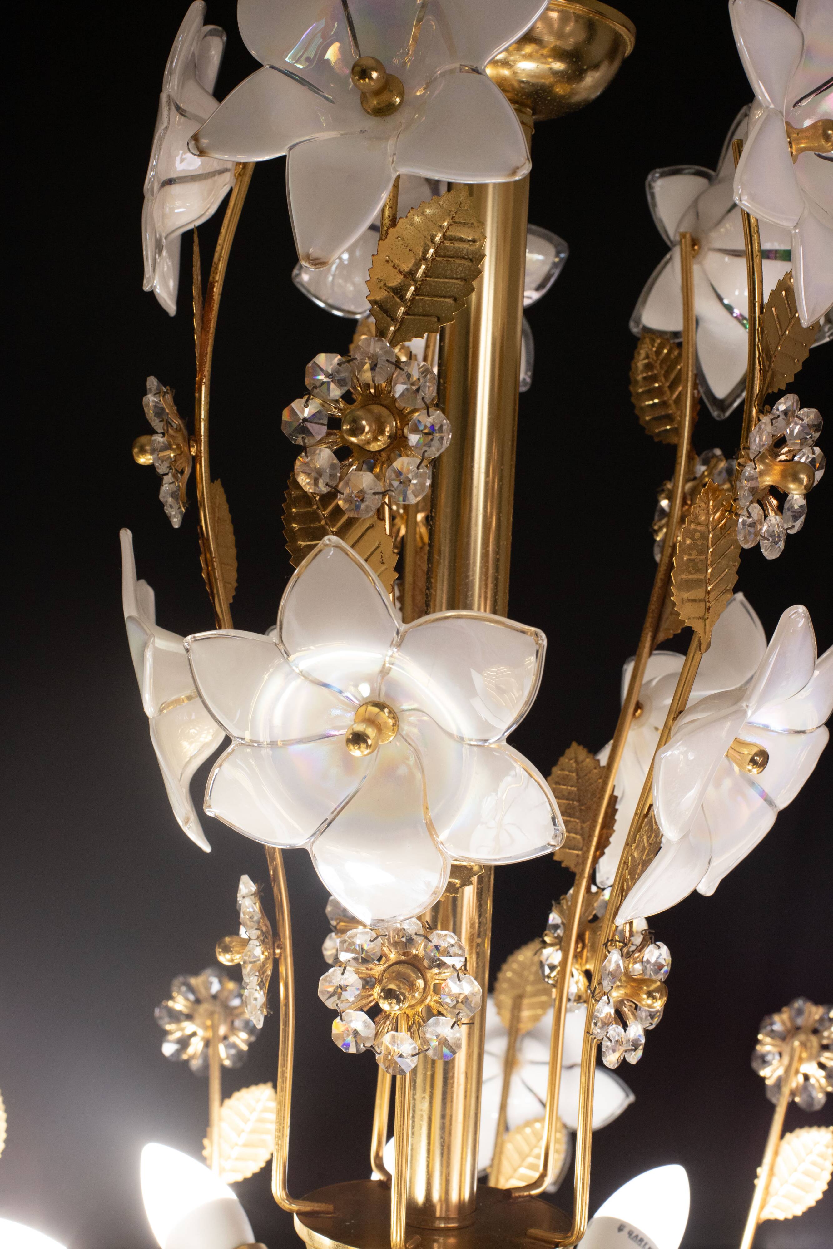 Large Size Vintage Murano Glass Chandelier White Flowers, 1970