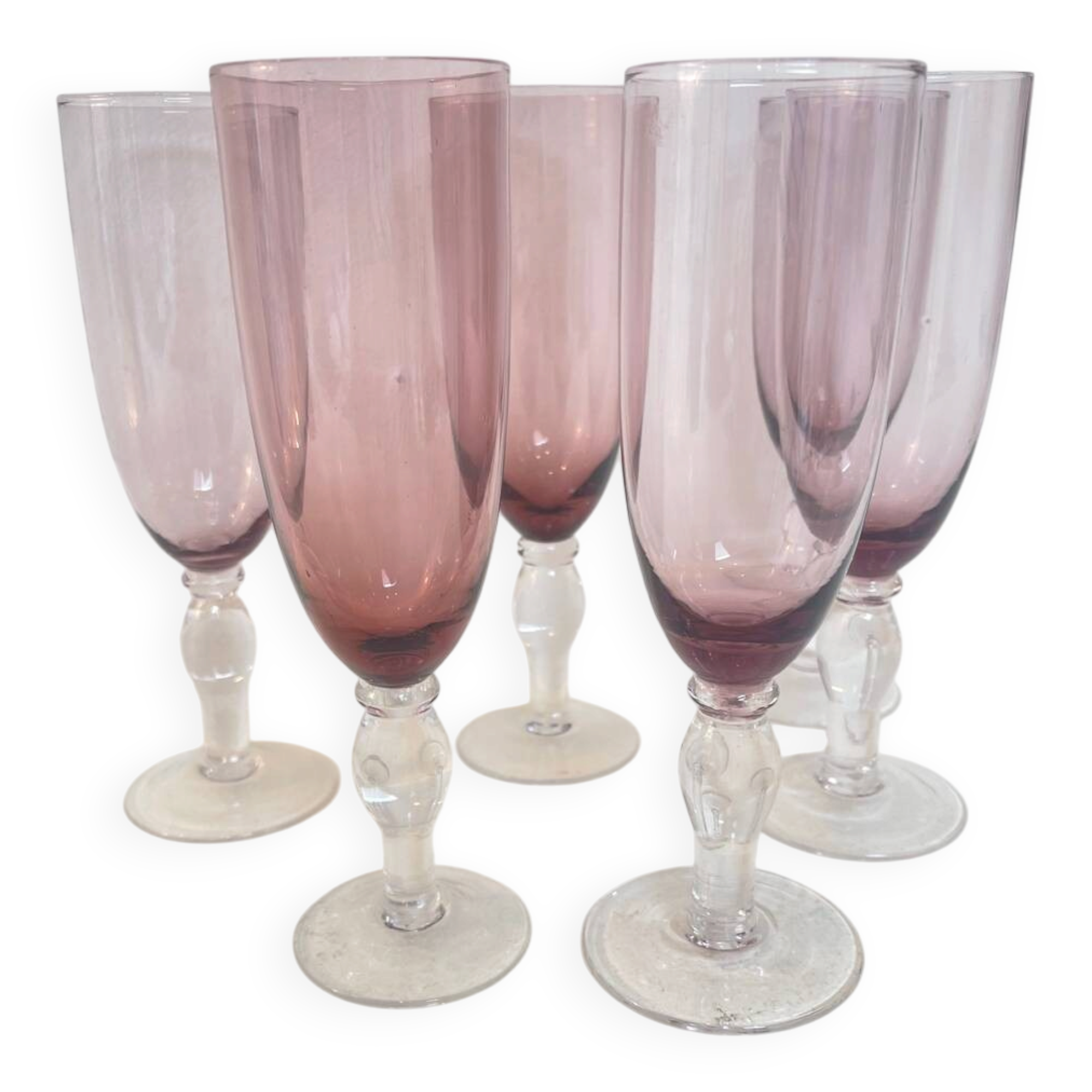 Set of 6 smoked pink champagne flutes – 1970s