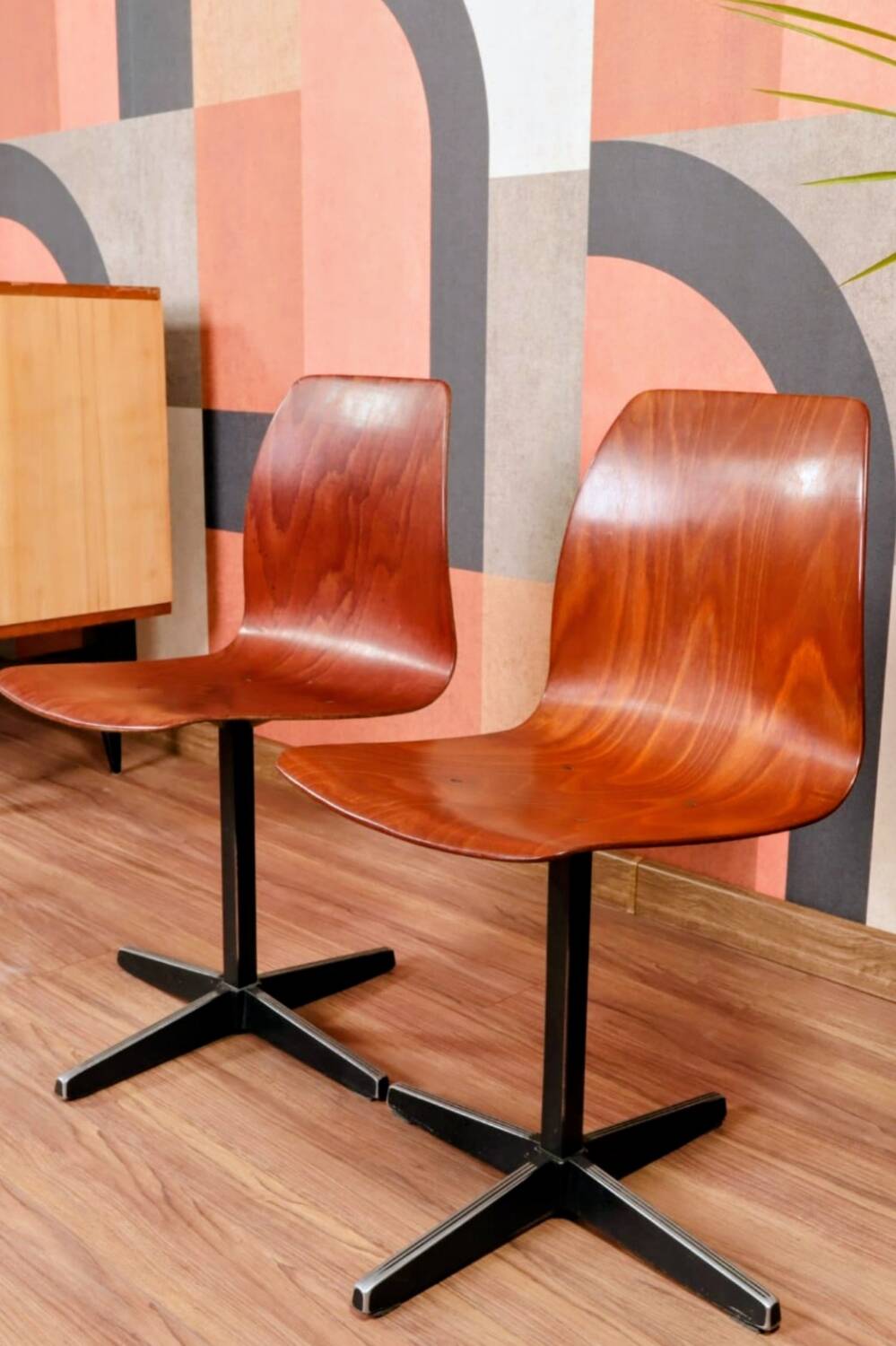 Pair of children's chairs made of plywood, vintage style, metal legs