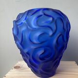 Blue frosted crystal vase Cristallerie de haute Bretagne France