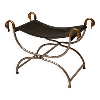 Curule Stool from Maison Jansen - Metal, Bronze & Leather - Ca 1950