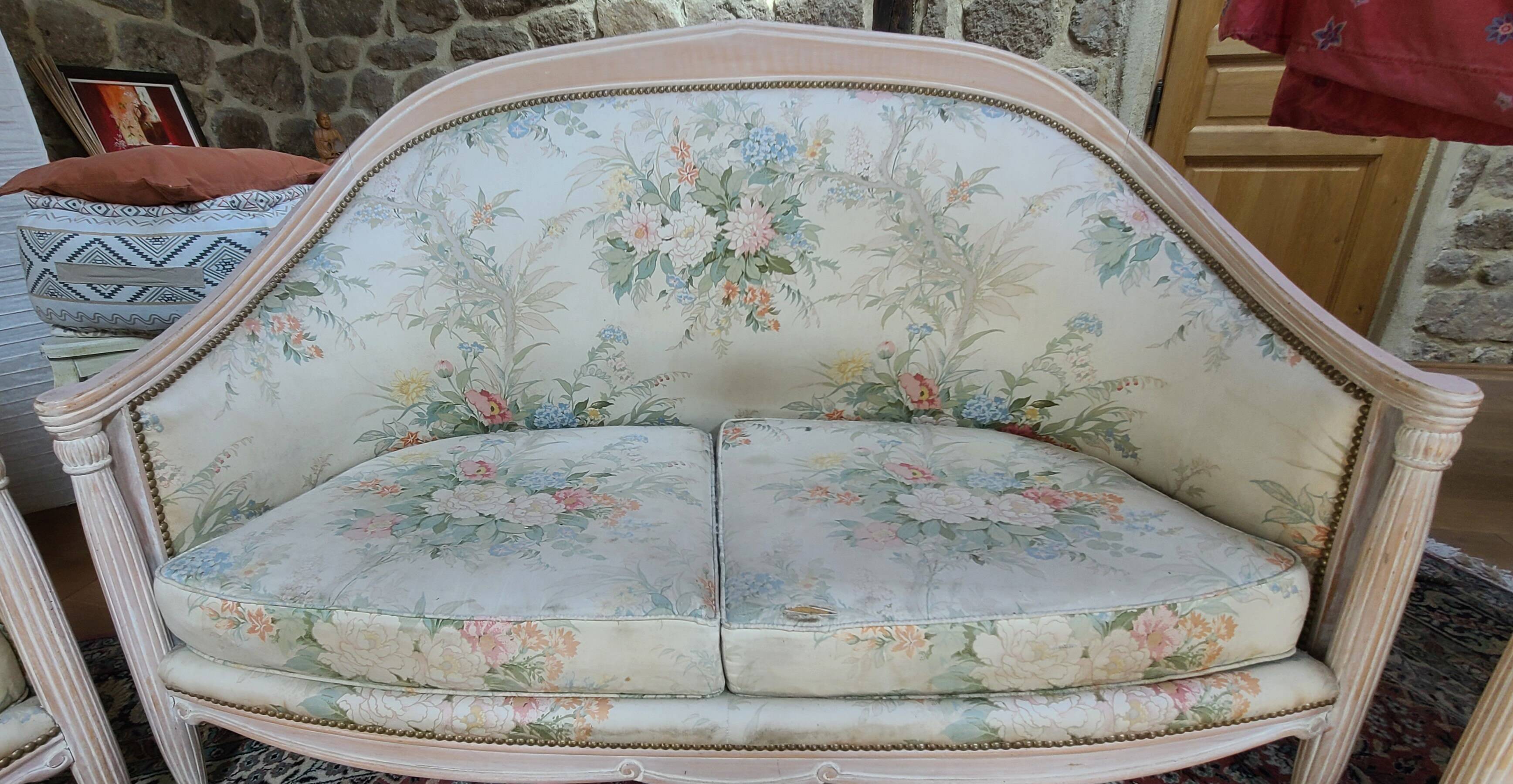 Salon 3 pièces style Louis XVI — canapé + 2 fauteuils — bois laqué