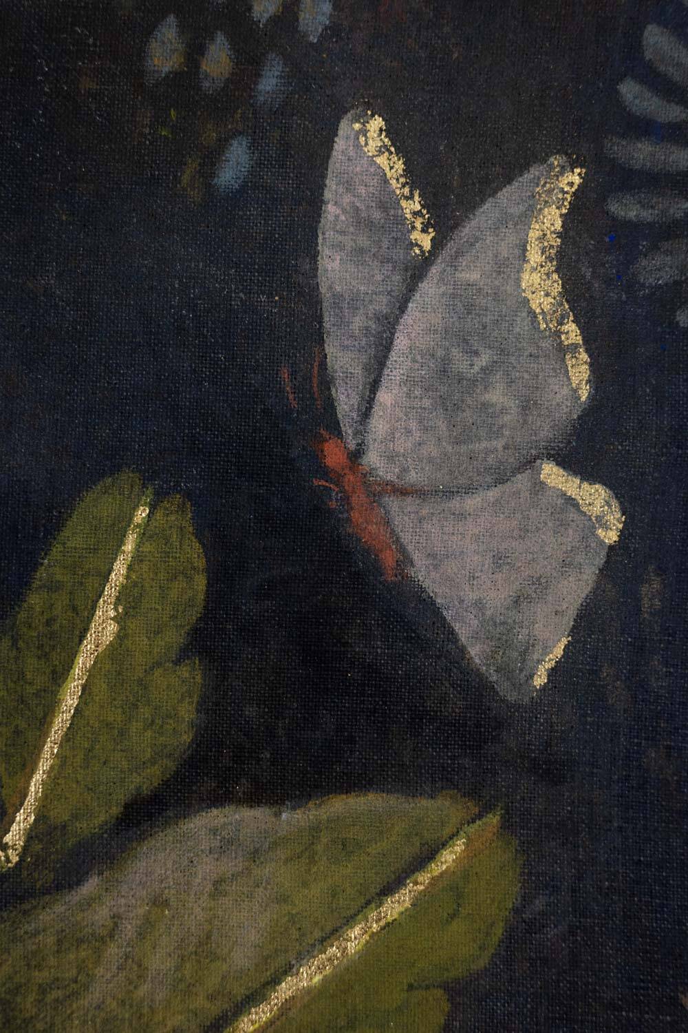 Painted canvas depicting a marmoset on a floral background. Contemporary.