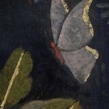 Painted canvas depicting a marmoset on a floral background. Contemporary.