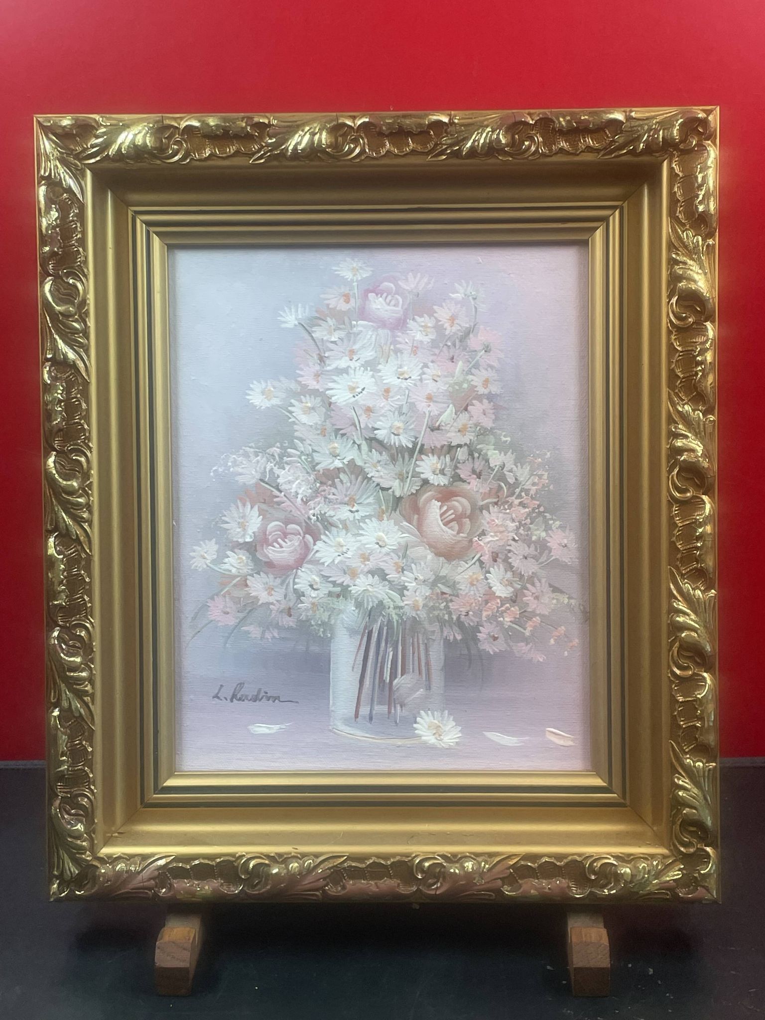 Bouquet of flowers in jar oil on canvas signature to identify