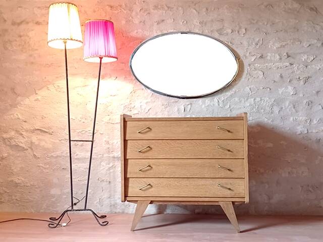 Oval art deco mirror with vintage chrome frame from the 70s