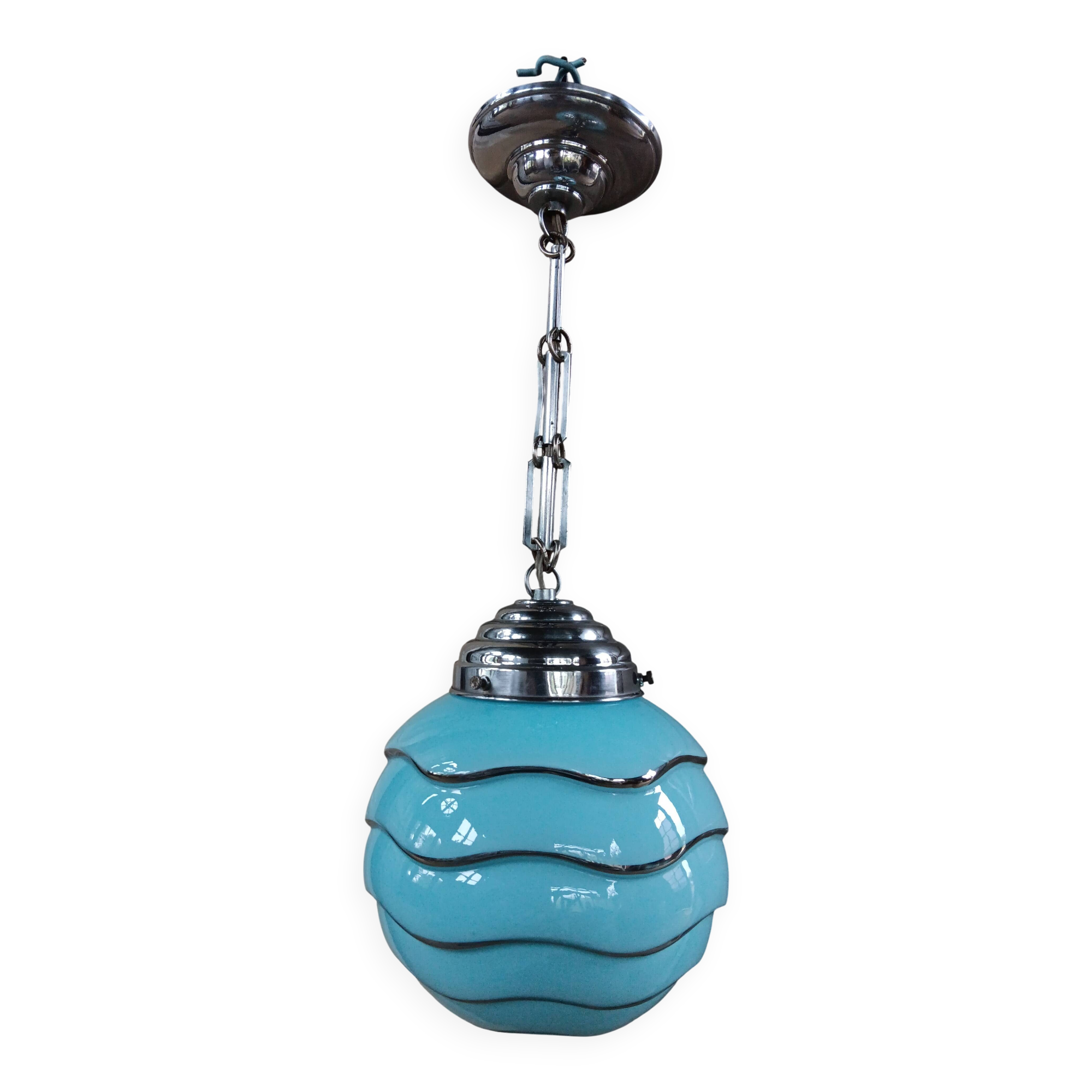 Bauhaus pendant light, blue and silver glass globe