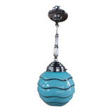 Bauhaus pendant light, blue and silver glass globe