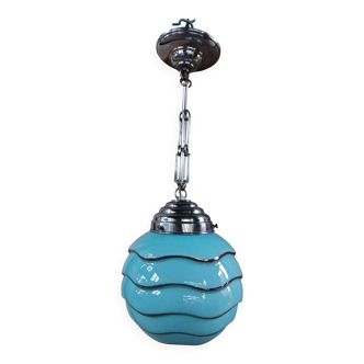 Bauhaus pendant light, blue and silver glass globe