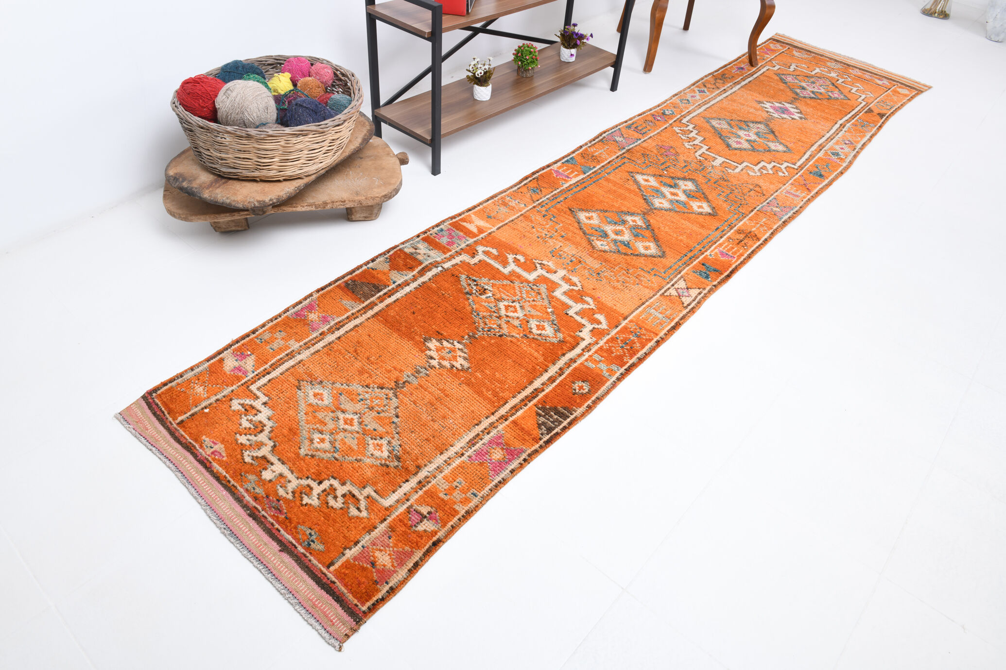 3x12 orange & beige long turkish vintage runner rug 387x87cm