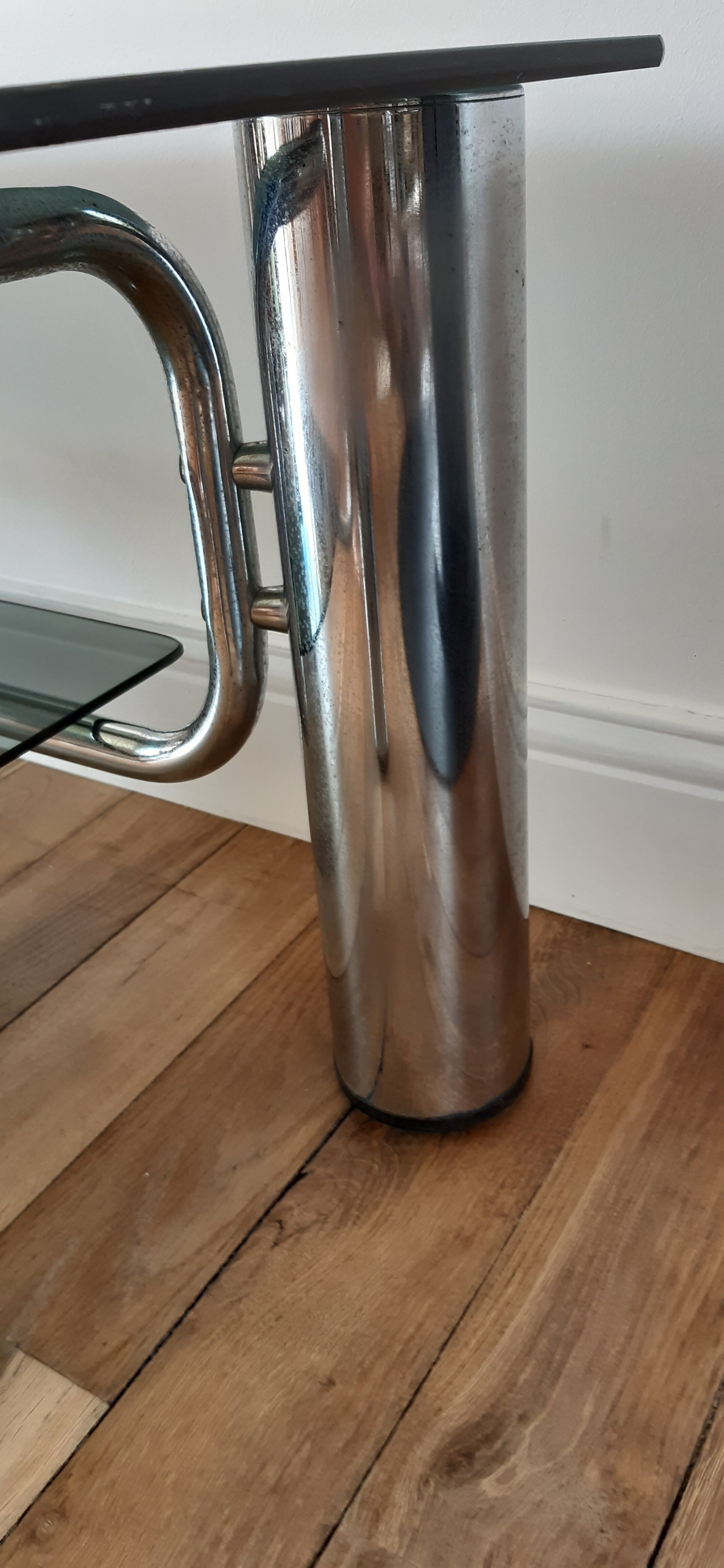 Smoked glass coffee table and chrome legs 70s