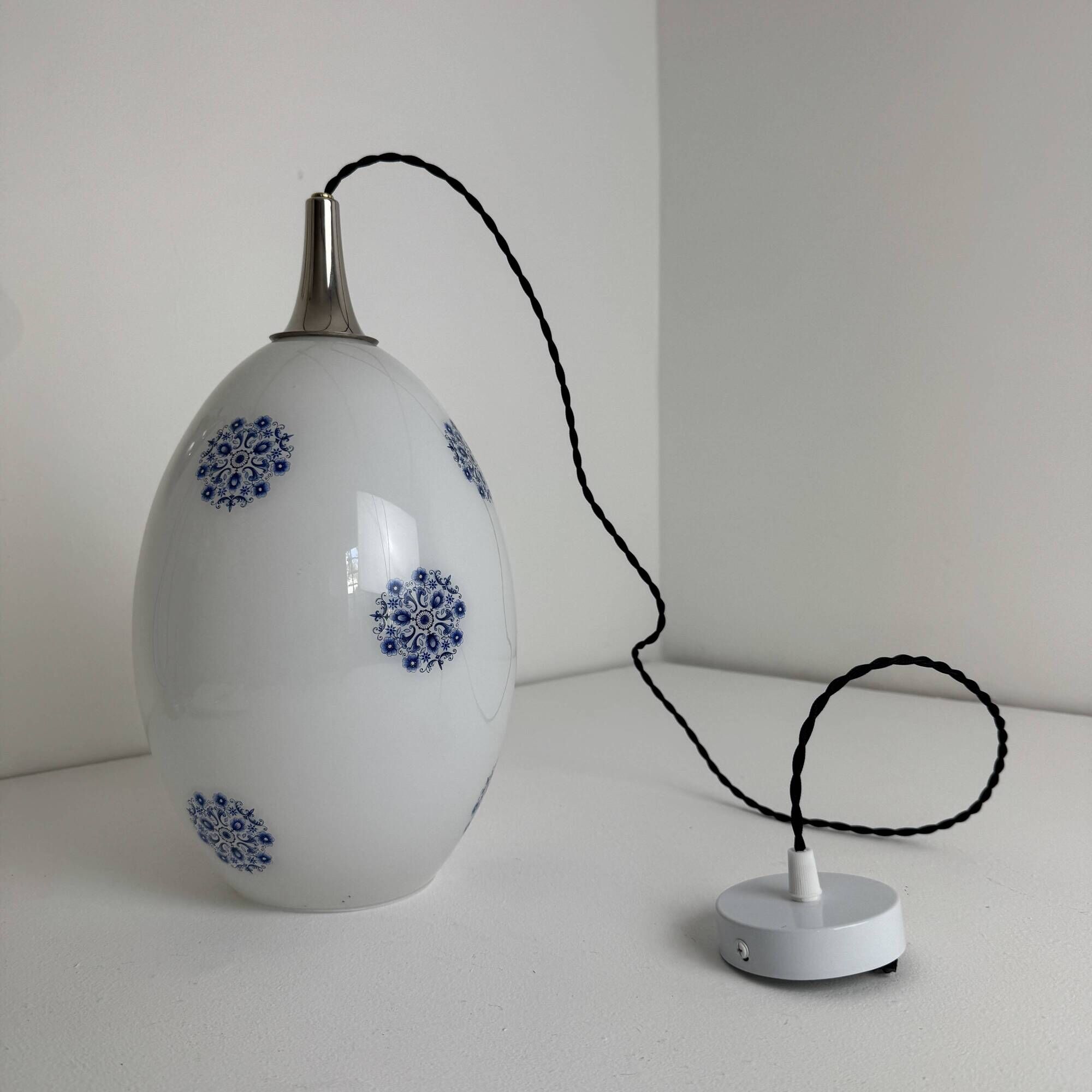 Old large ovoid suspension 1970 in vintage opaline