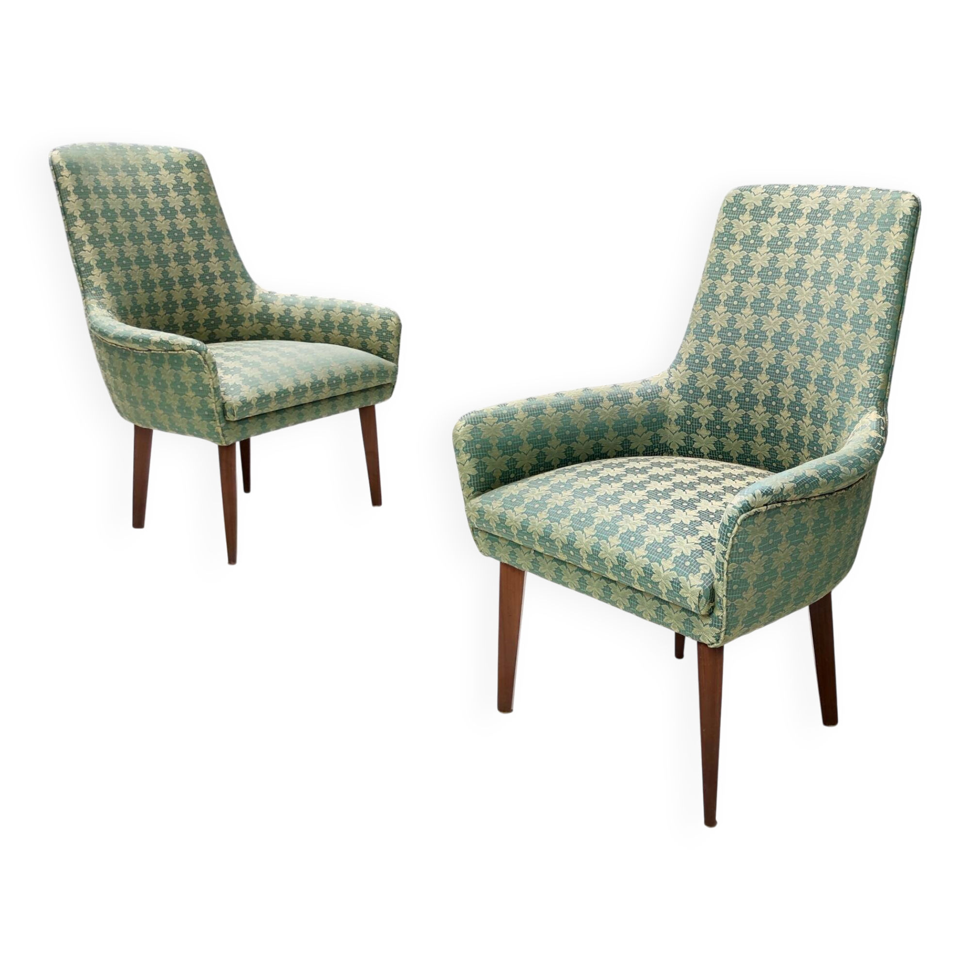 Pair of High-Quality Green Patterned Fabric and Beech Armchairs, Italy
