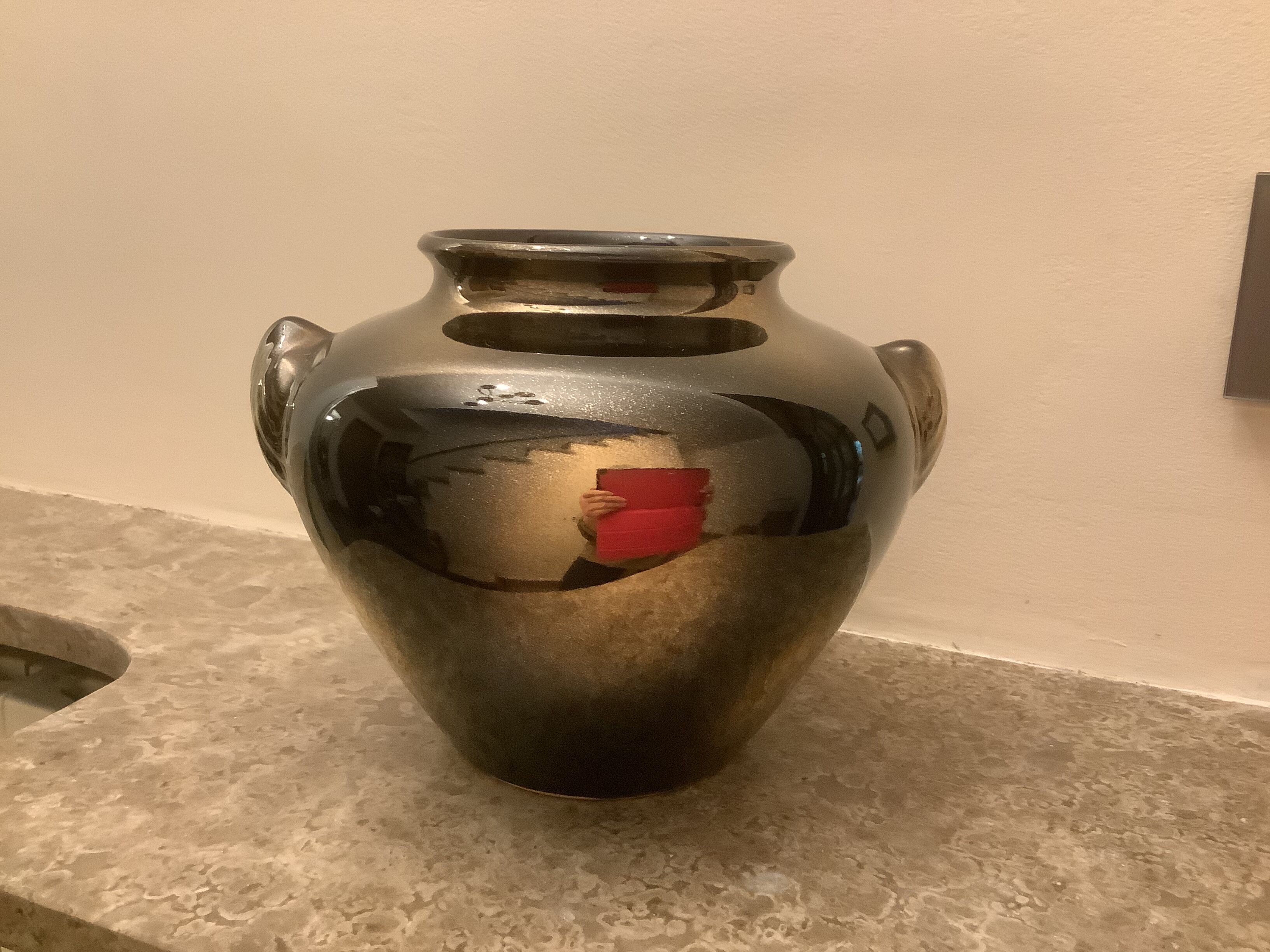 Old gilded brown iridescent vase W Germany handles scallops