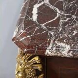 Antique chest of drawers in mahogany, Amboyna burl, red marble and bronze