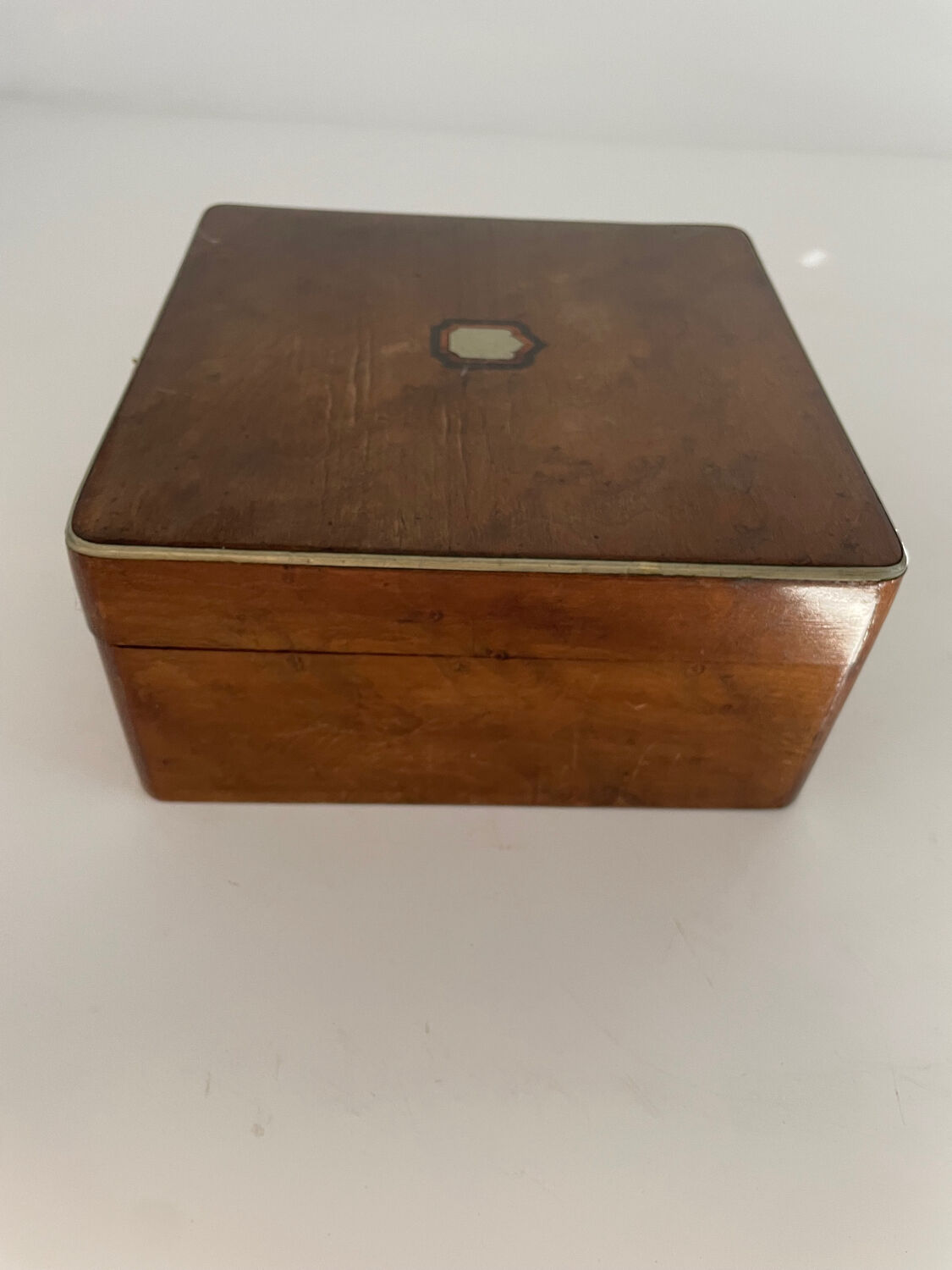 Old square wooden box, a bit of marquetry, padded, box.