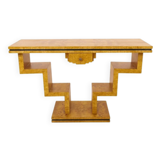 Geometric walnut burl console table