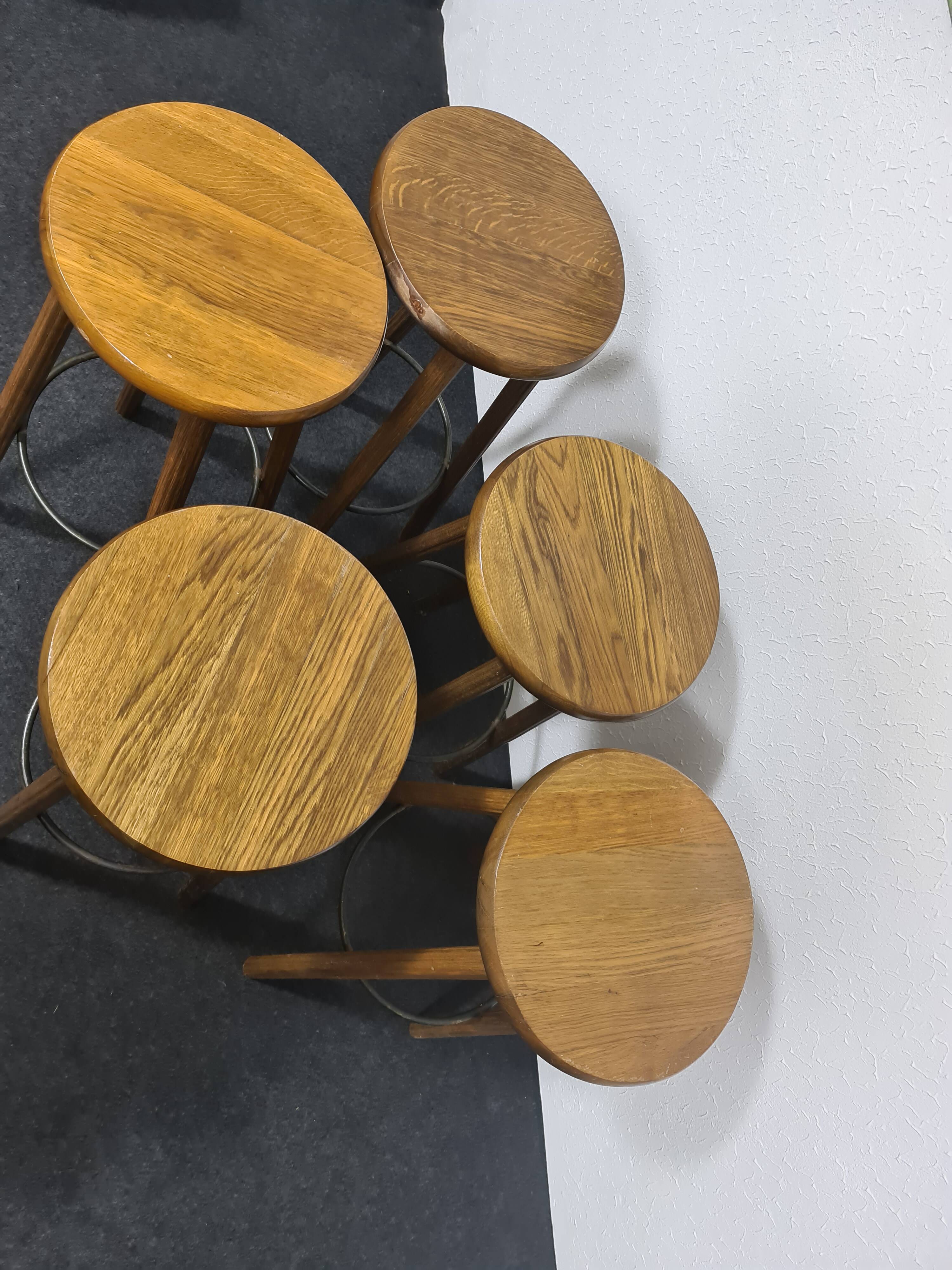 Five vintage oak bar stools