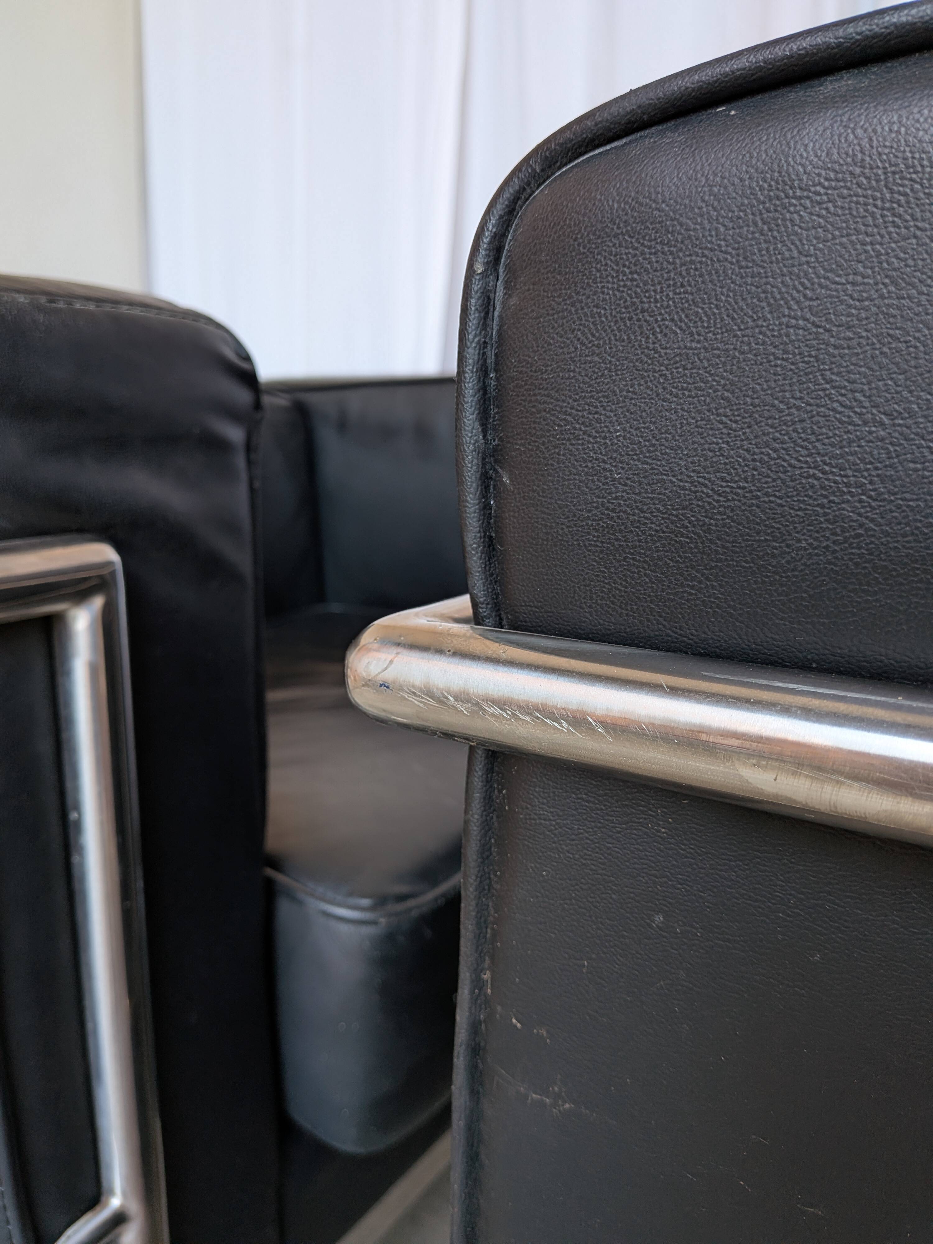Set of 2 Mid-century Black Leather Lounge Chairs / Italian Design Armchairs