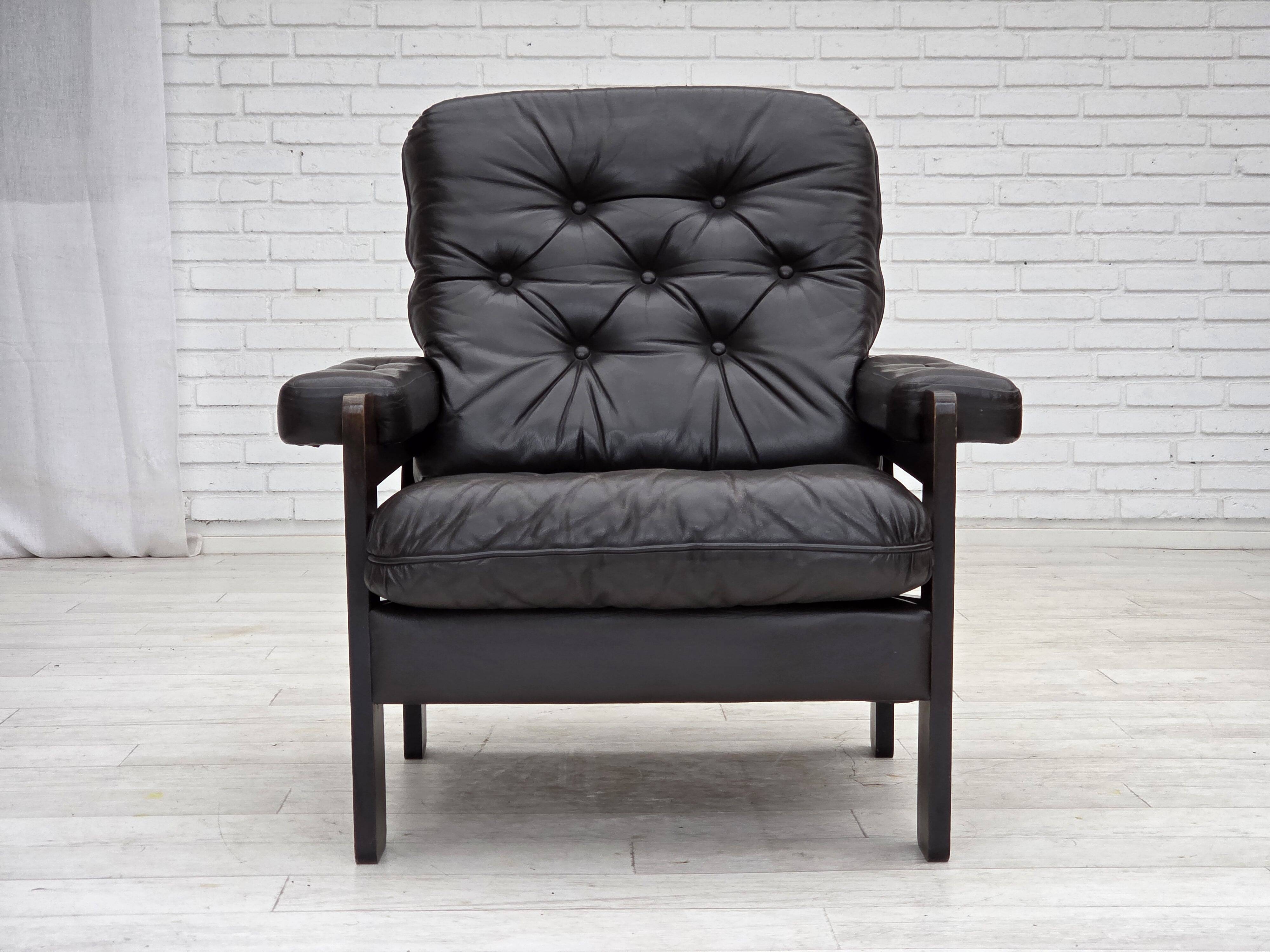 1970s, Danish armchair, brown furniture leather, oak wood.