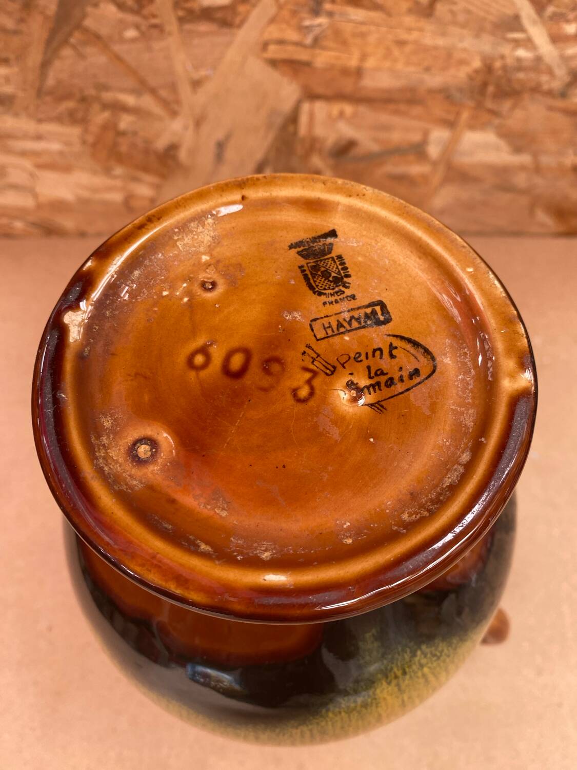 Ancien vase sarreguemines céramique marron moucheté vintage