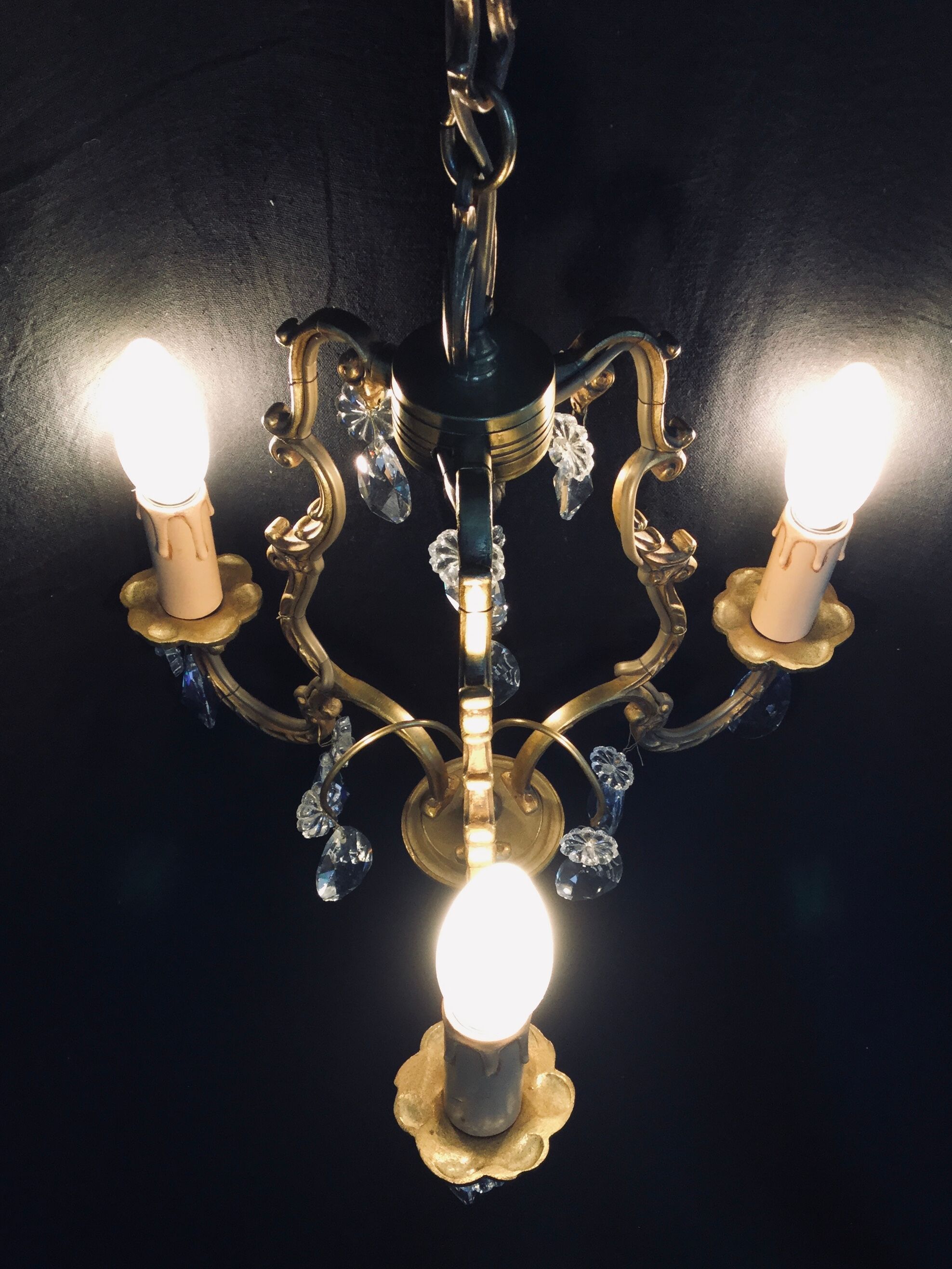 Bronze and crystal 3 light cage chandelier