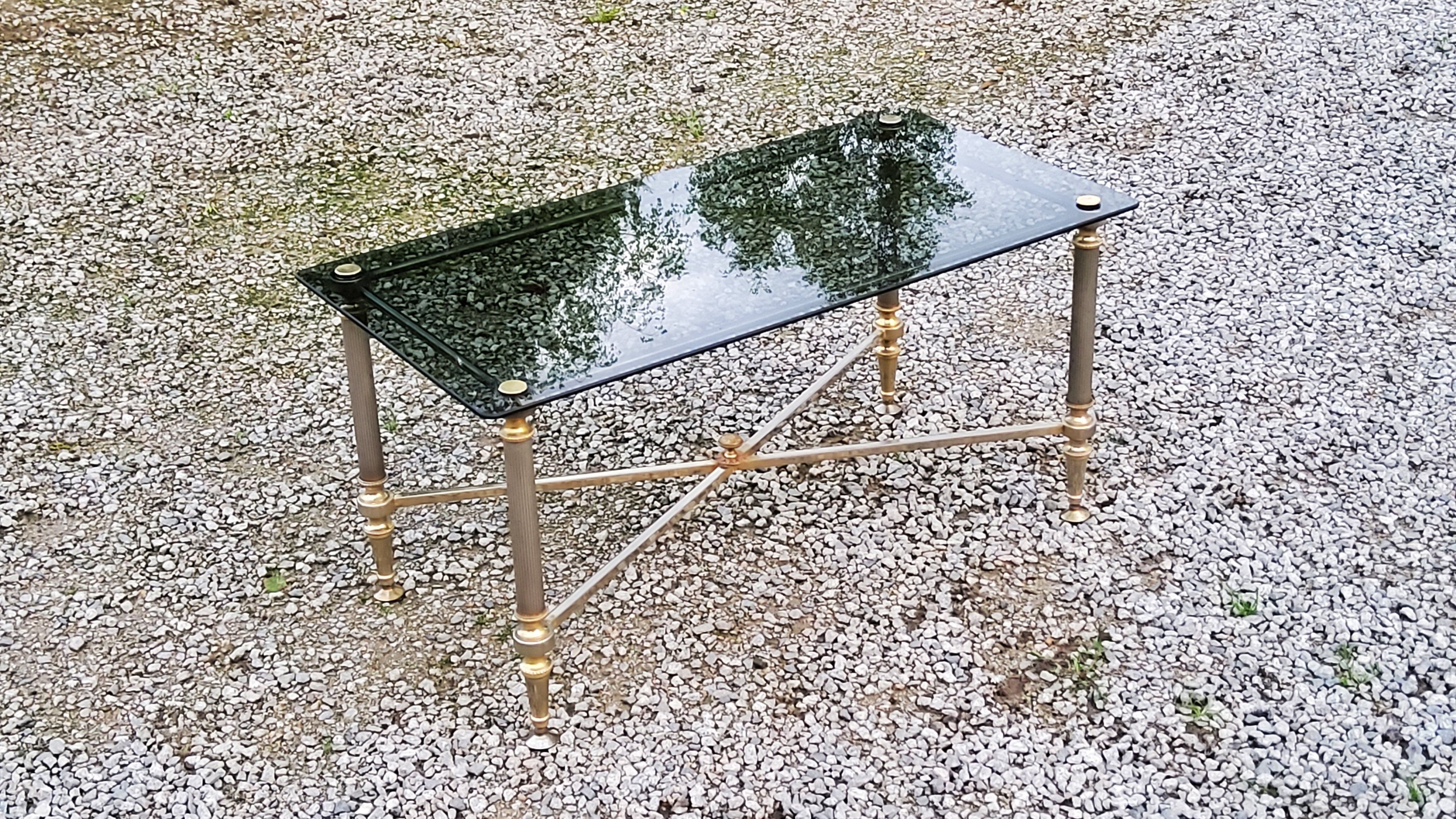 Coffee table of the 70s in neo-classical style gilded metal base and chrome smoked glass top