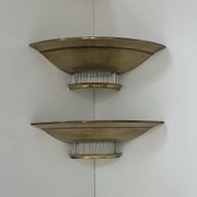 Pair of Art Deco corner sconces, brass and glass, France 1930