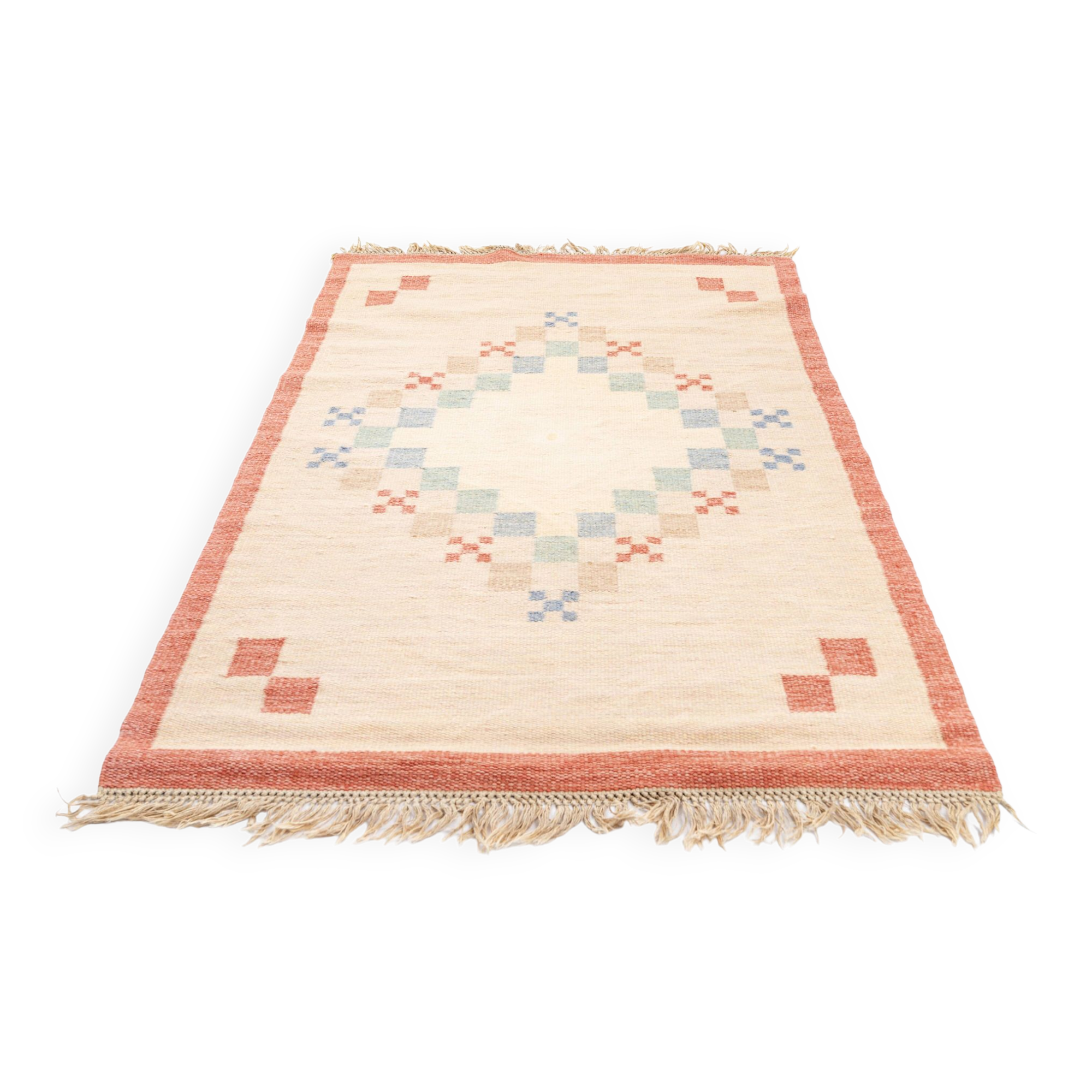 Scandinavian Mid-Century Flat Weave Rug by Anne-Marie Boberg. 202 (218 incl. the fringes) x 129 cm