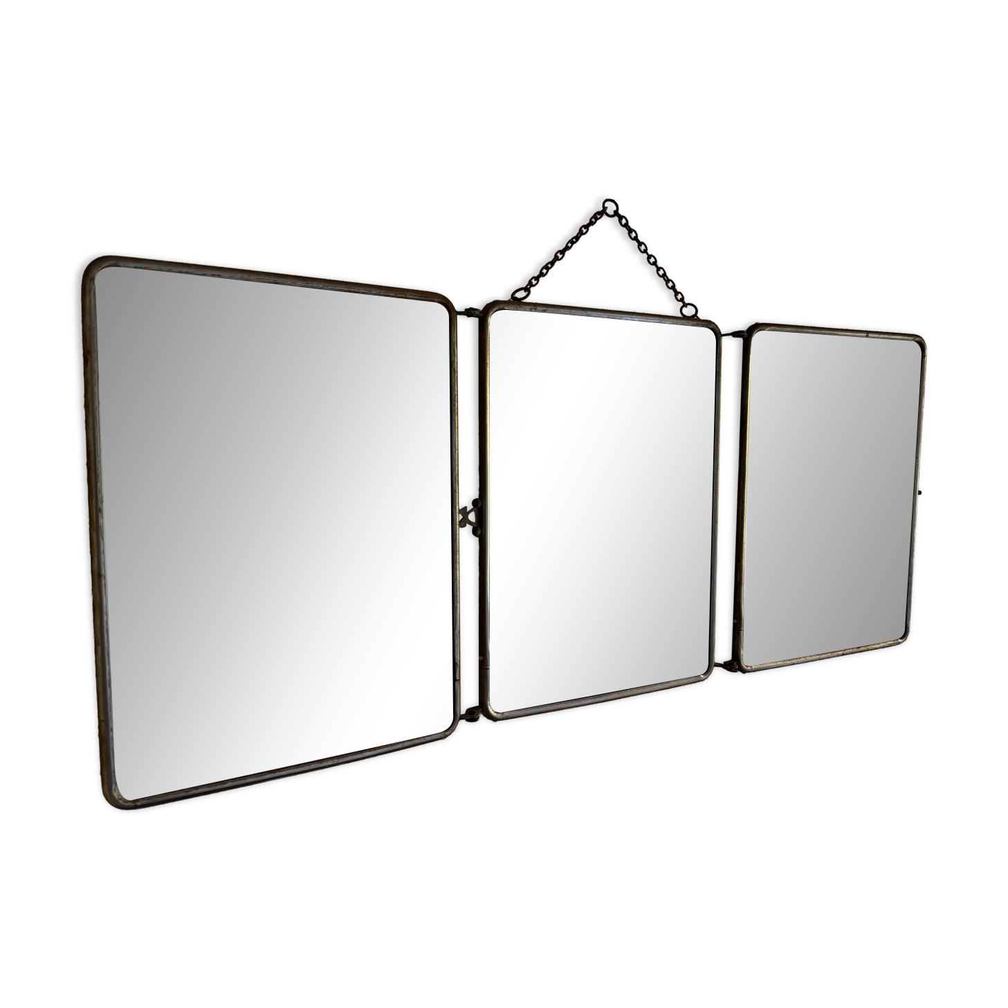 Miroir vintage 1900 triptyque barbier biseauté simili cuir matelassé - 27 x