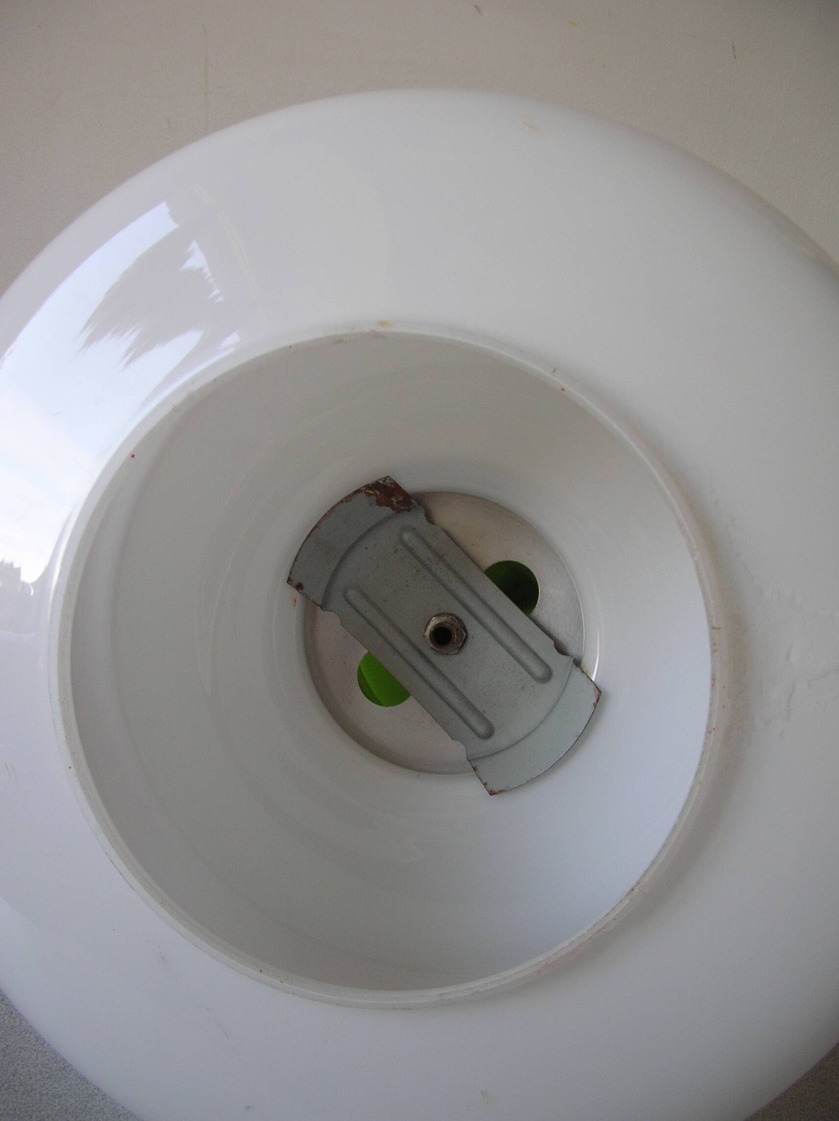 Old globe pendant light with apple green and white glass shade, 80's design 59 cm