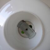 Old globe pendant light with apple green and white glass shade, 80's design 59 cm