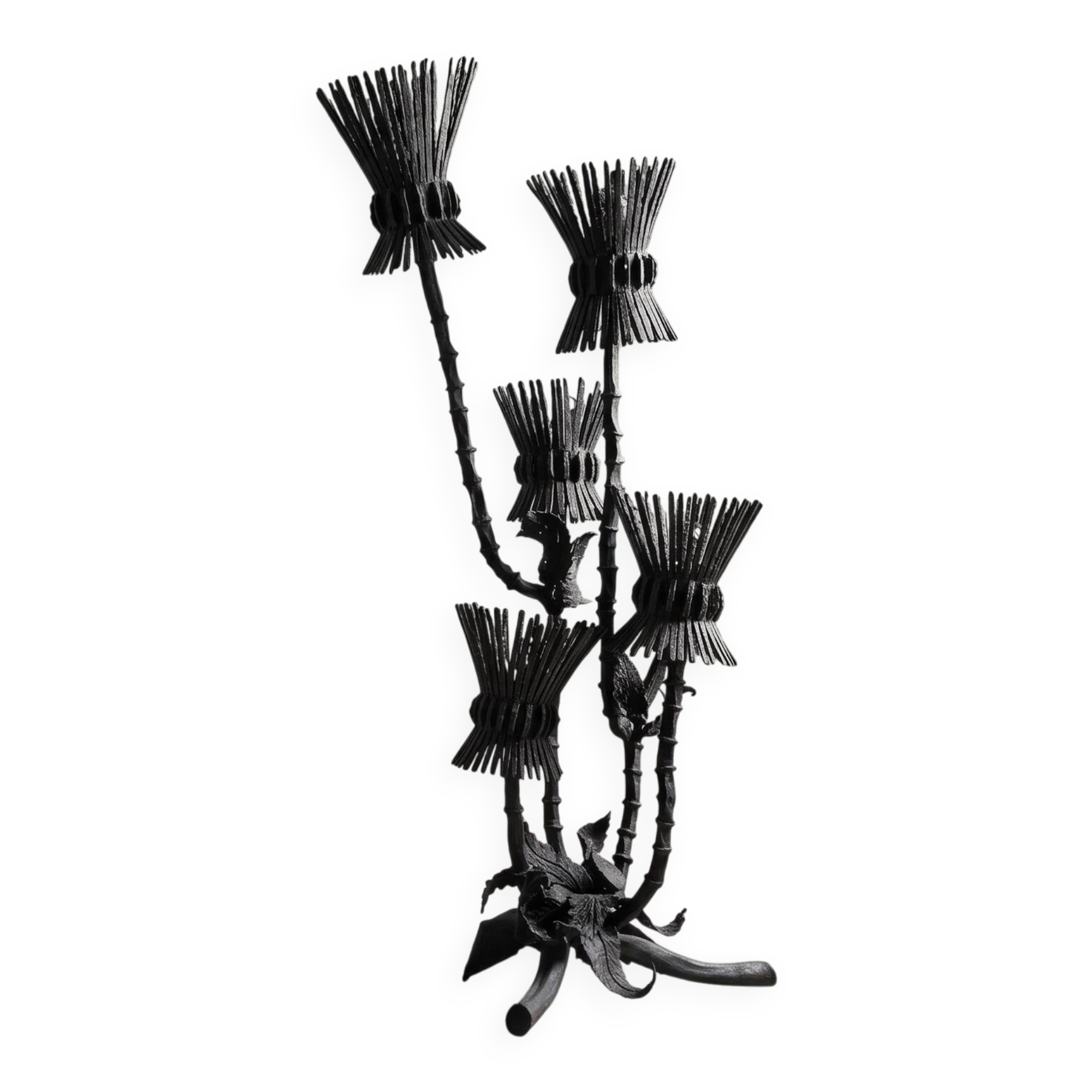 Brutalist floor lamp with five thistle-shaped lights in black wrought iron, 1970s