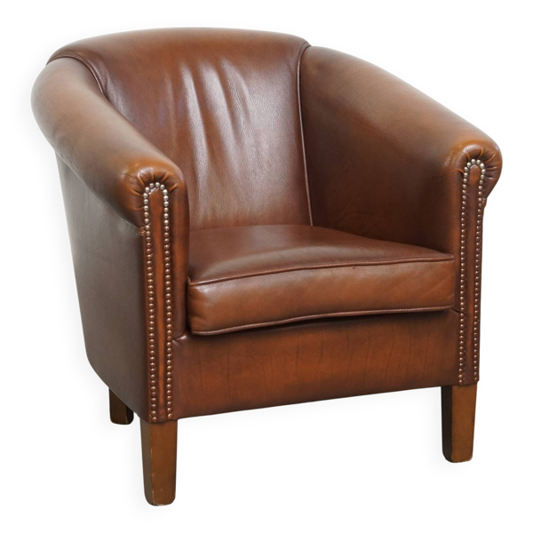 Fauteuil club en cuir de vache marron de style anglais