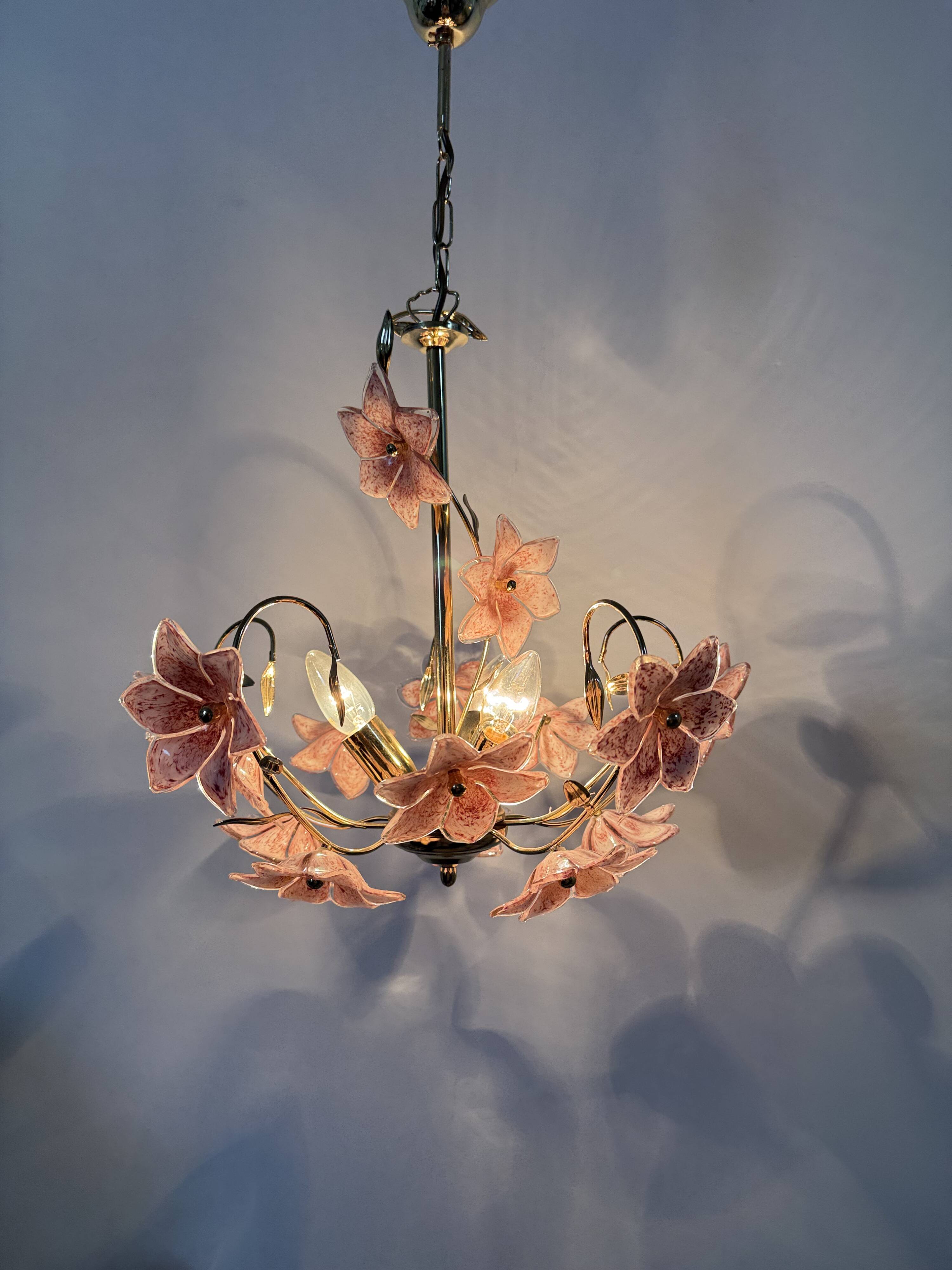 Chandelier with mourn glass pink flowers , 1970s