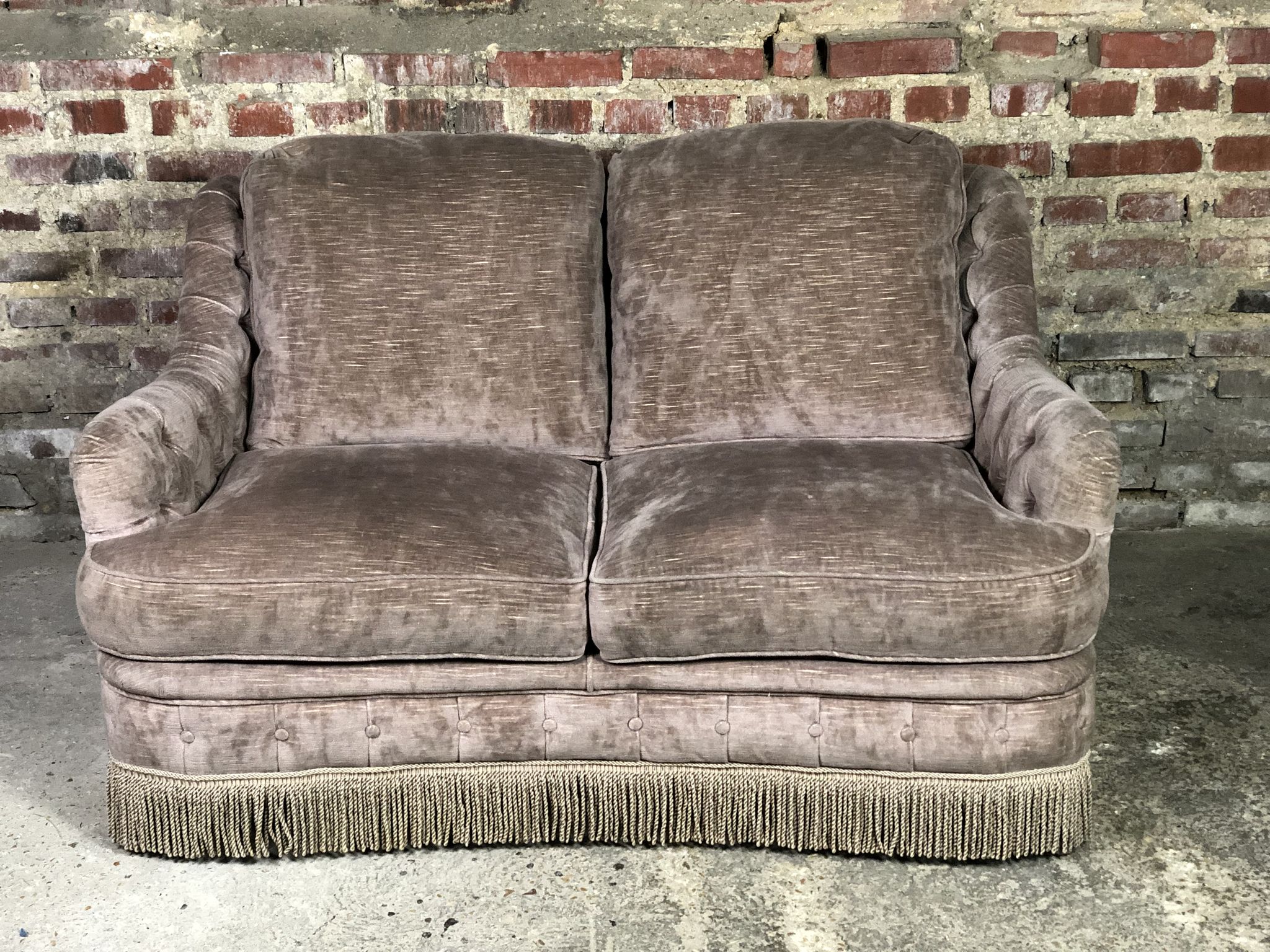 vintage velvet taupe sofa 70's style