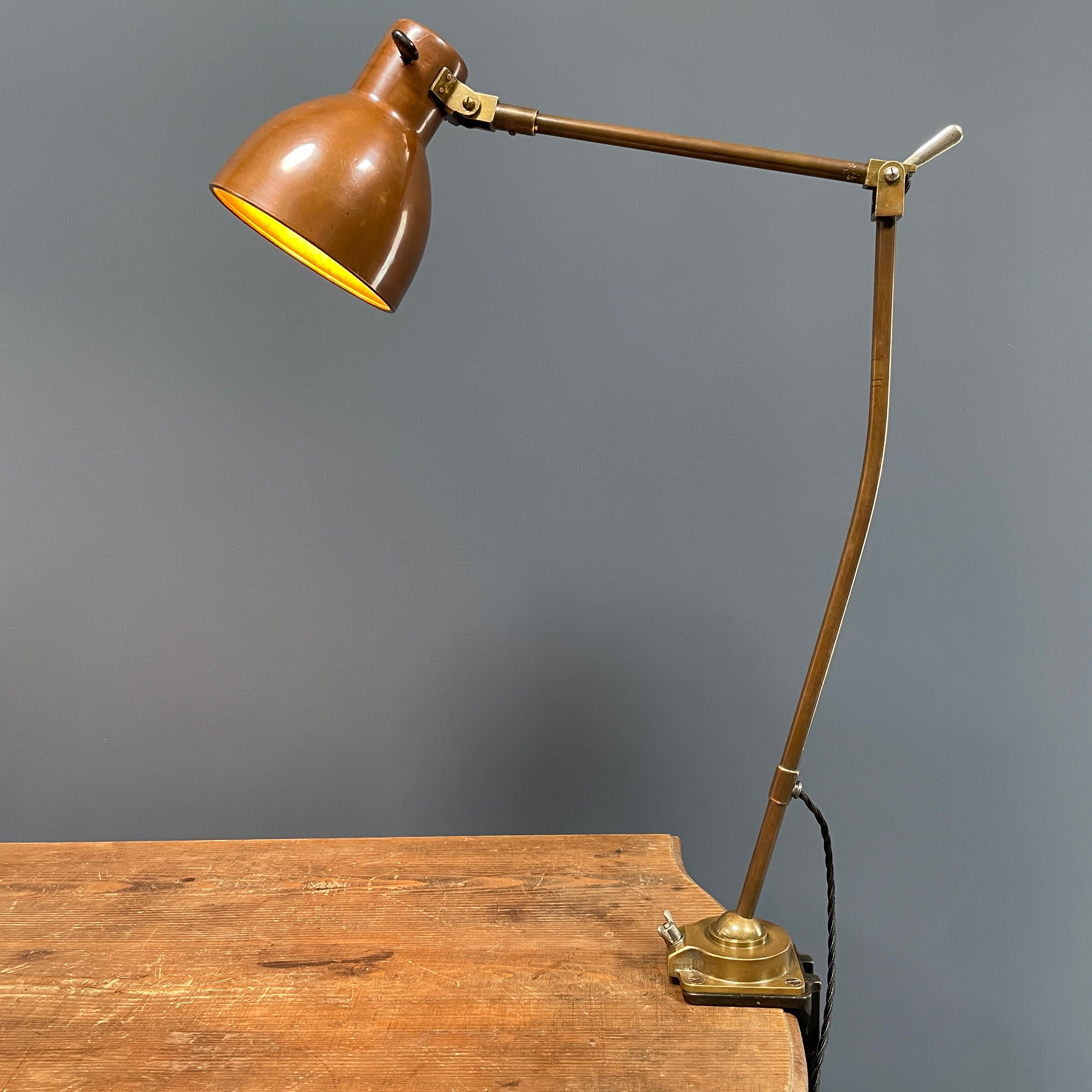 Industria Rotterdam clamp lamp made of brass and copper from the 1930s