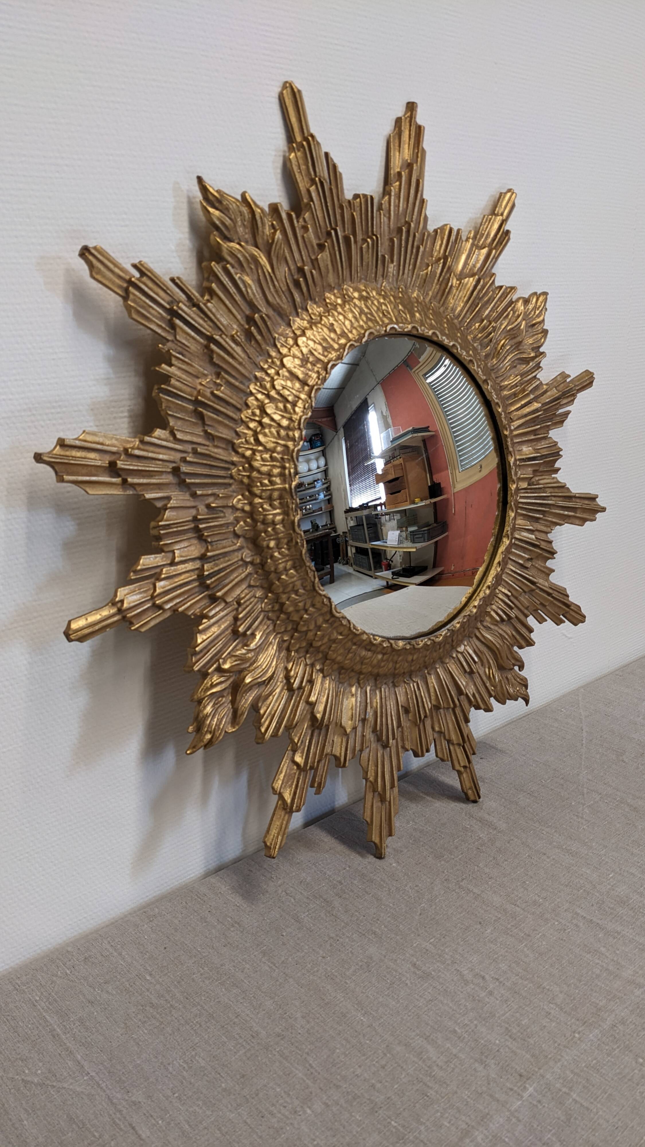 XL witch's eye sun mirror in gilded metal, Italy circa 1970