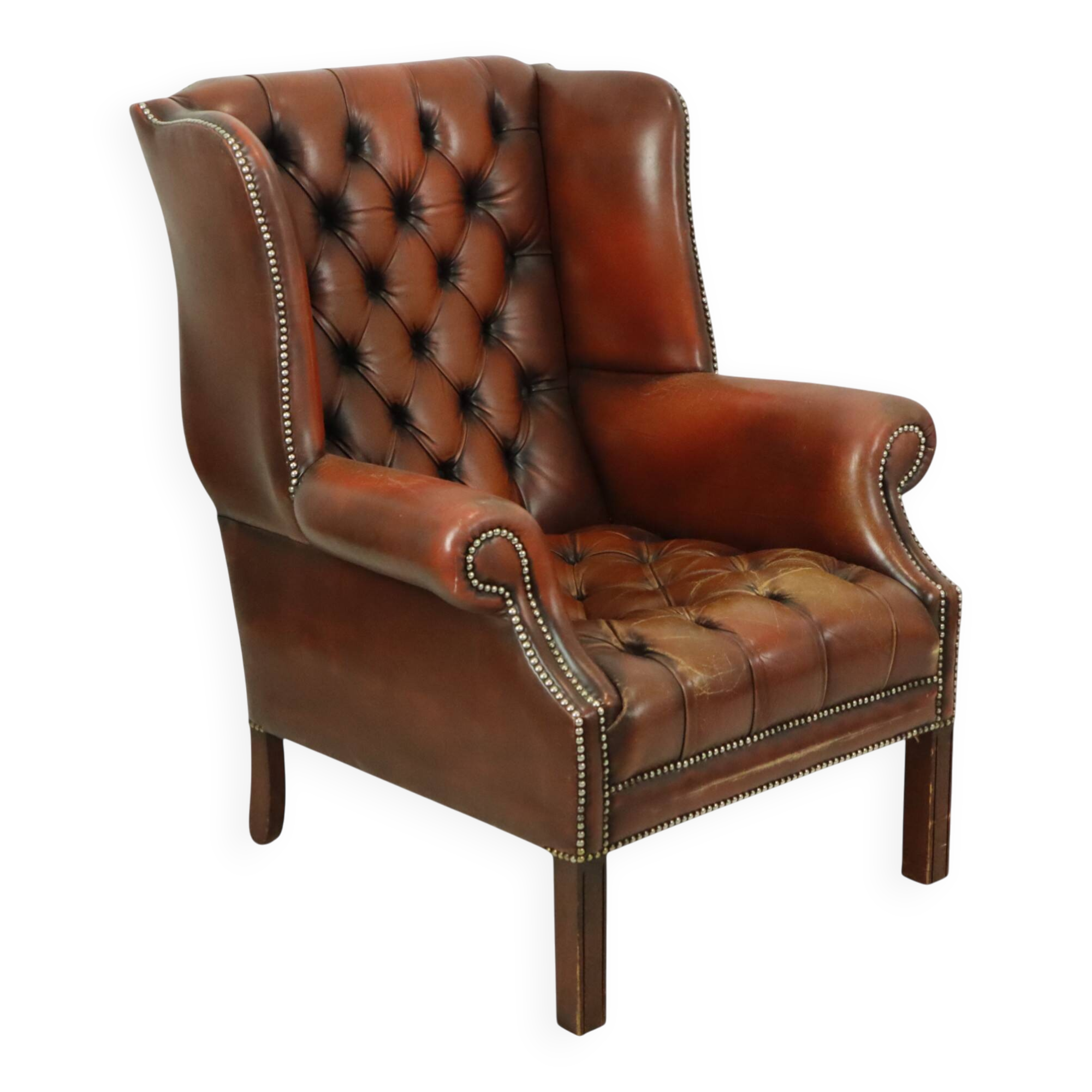 Antique Chesterfield armchair Brown leather wingback chair