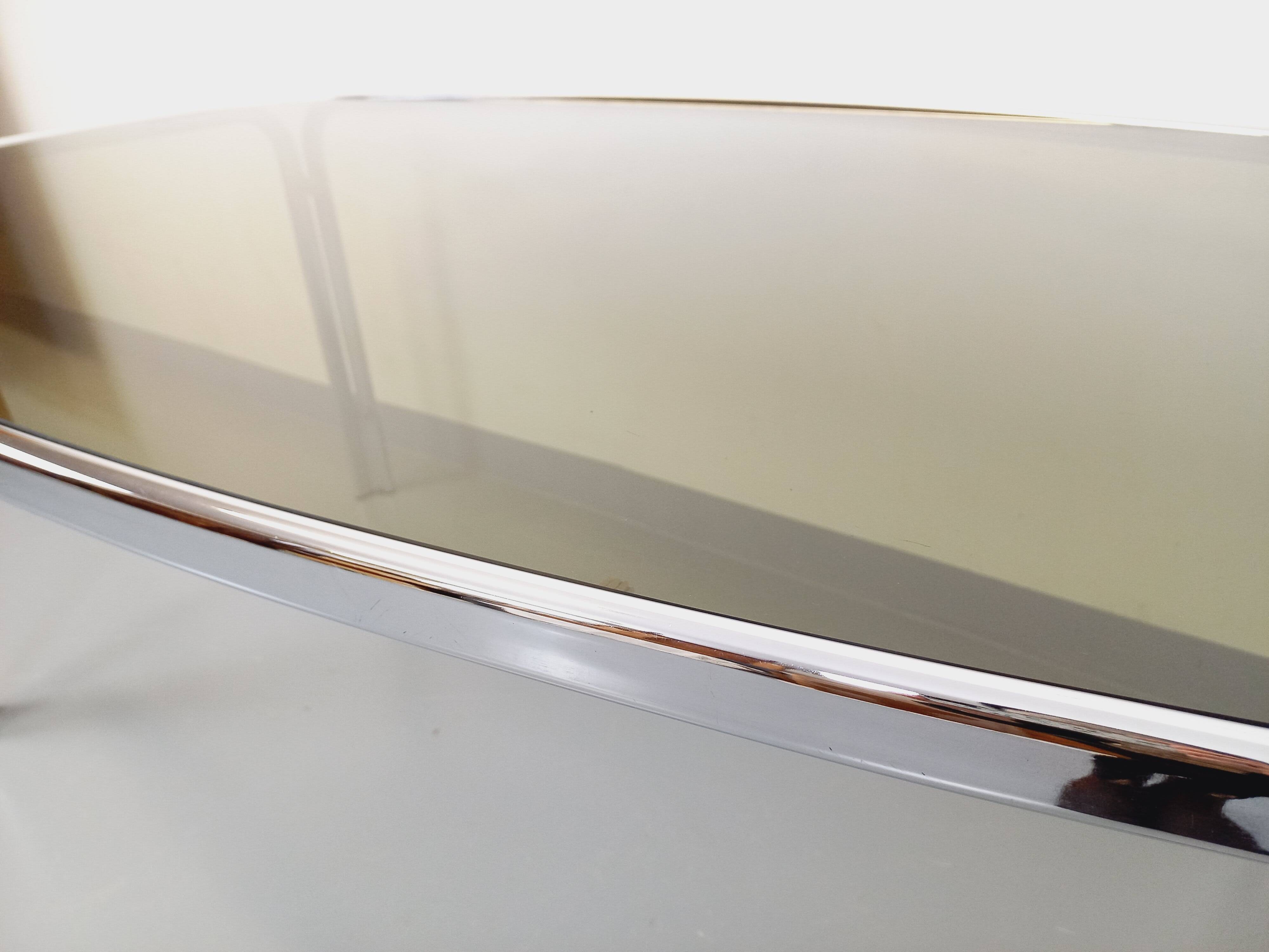 Vintage curved rectangular dining table in smoked glass and chrome metal