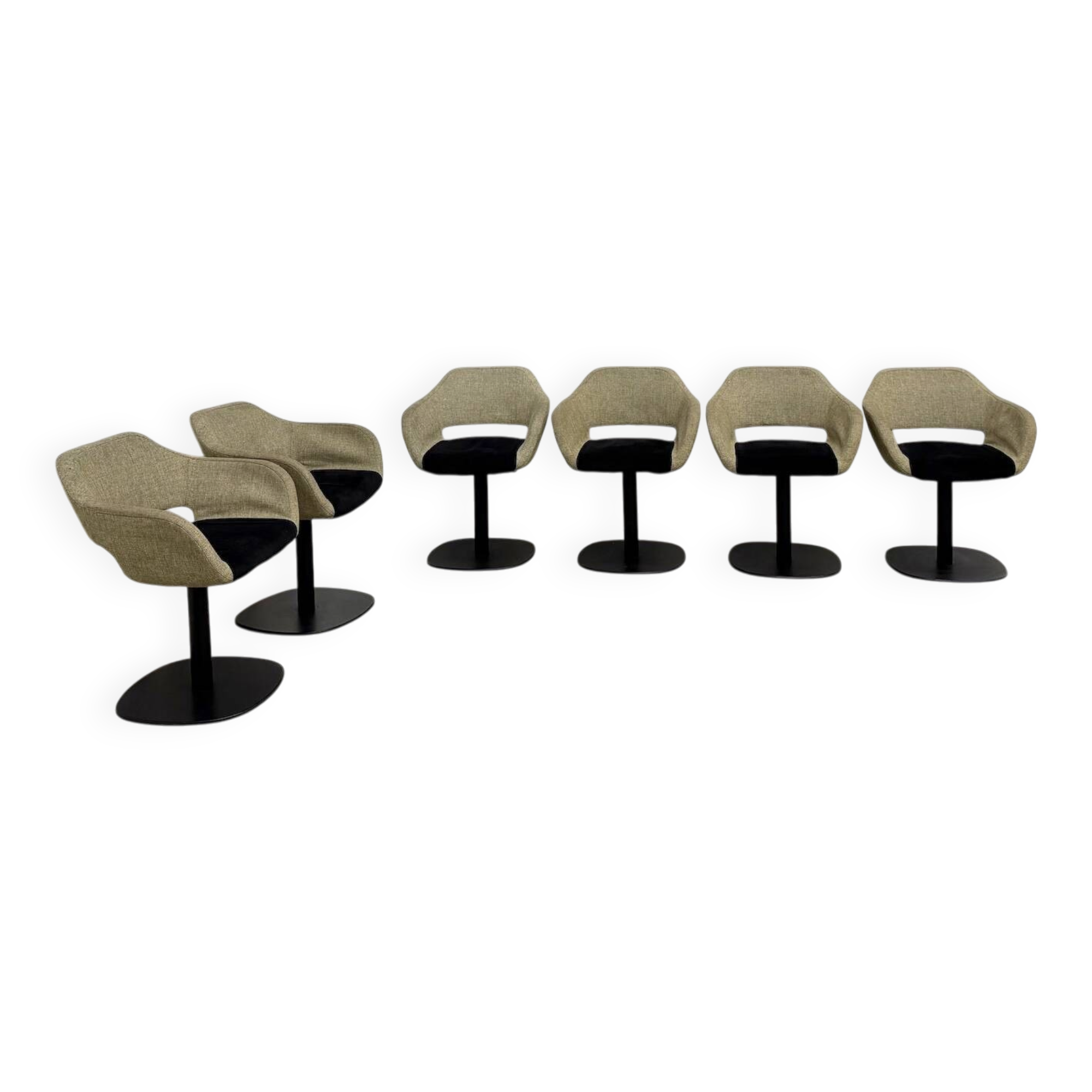 Series of six swivel chairs with an organic shell, patterned fabric and base.