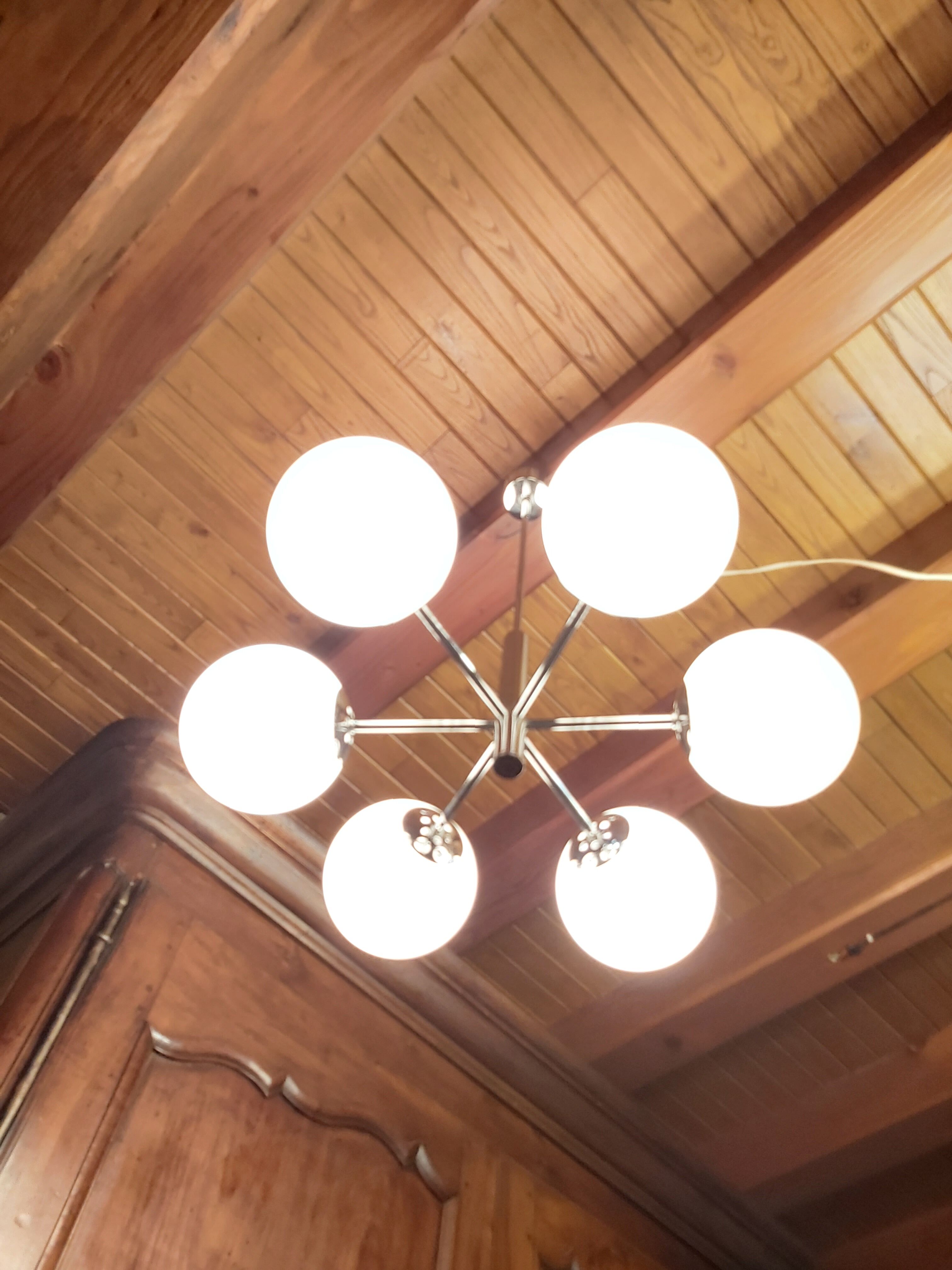 Chrome Sputnik chandelier and white frosted glass globes