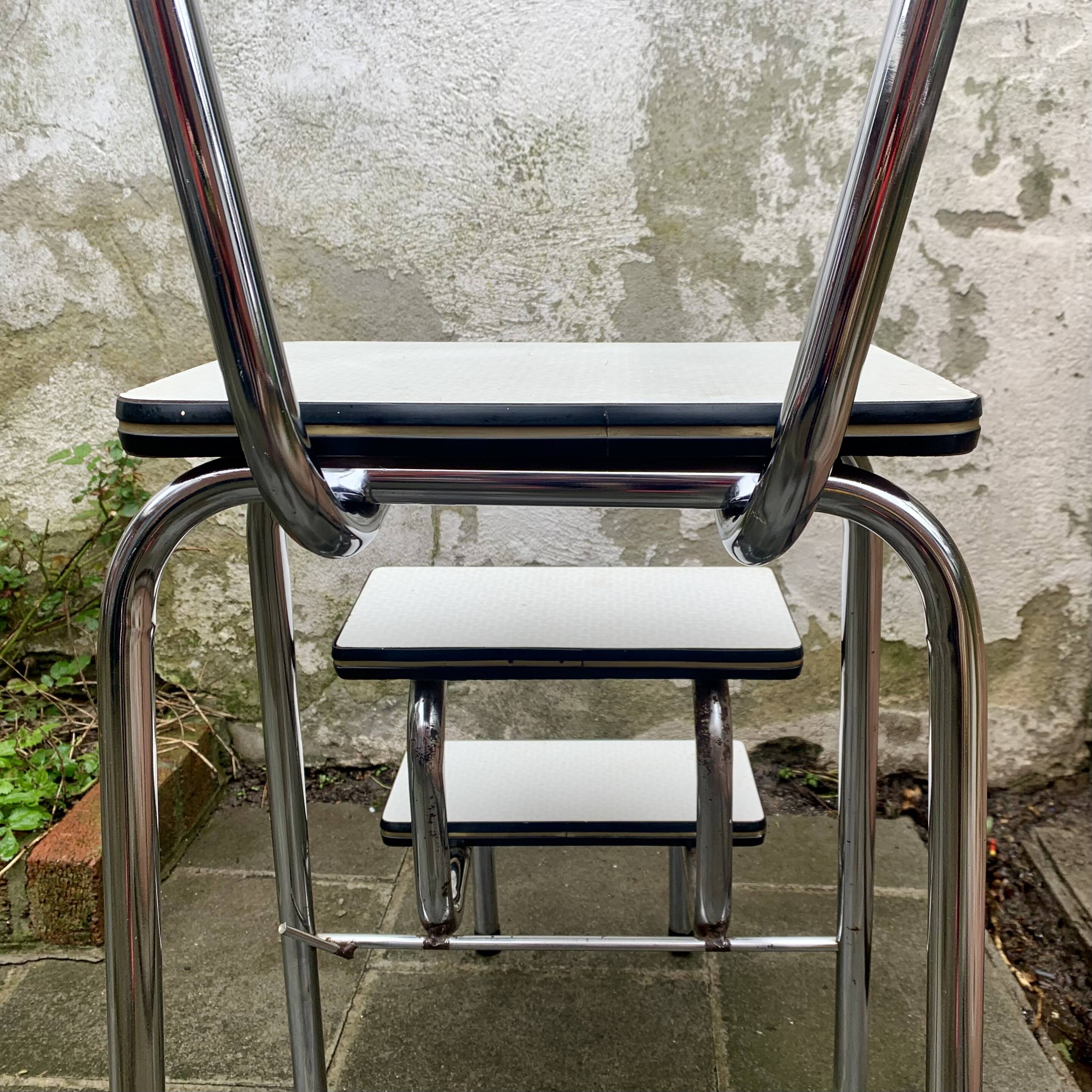 Vintage stepladder in Formica, wood and chromed metal