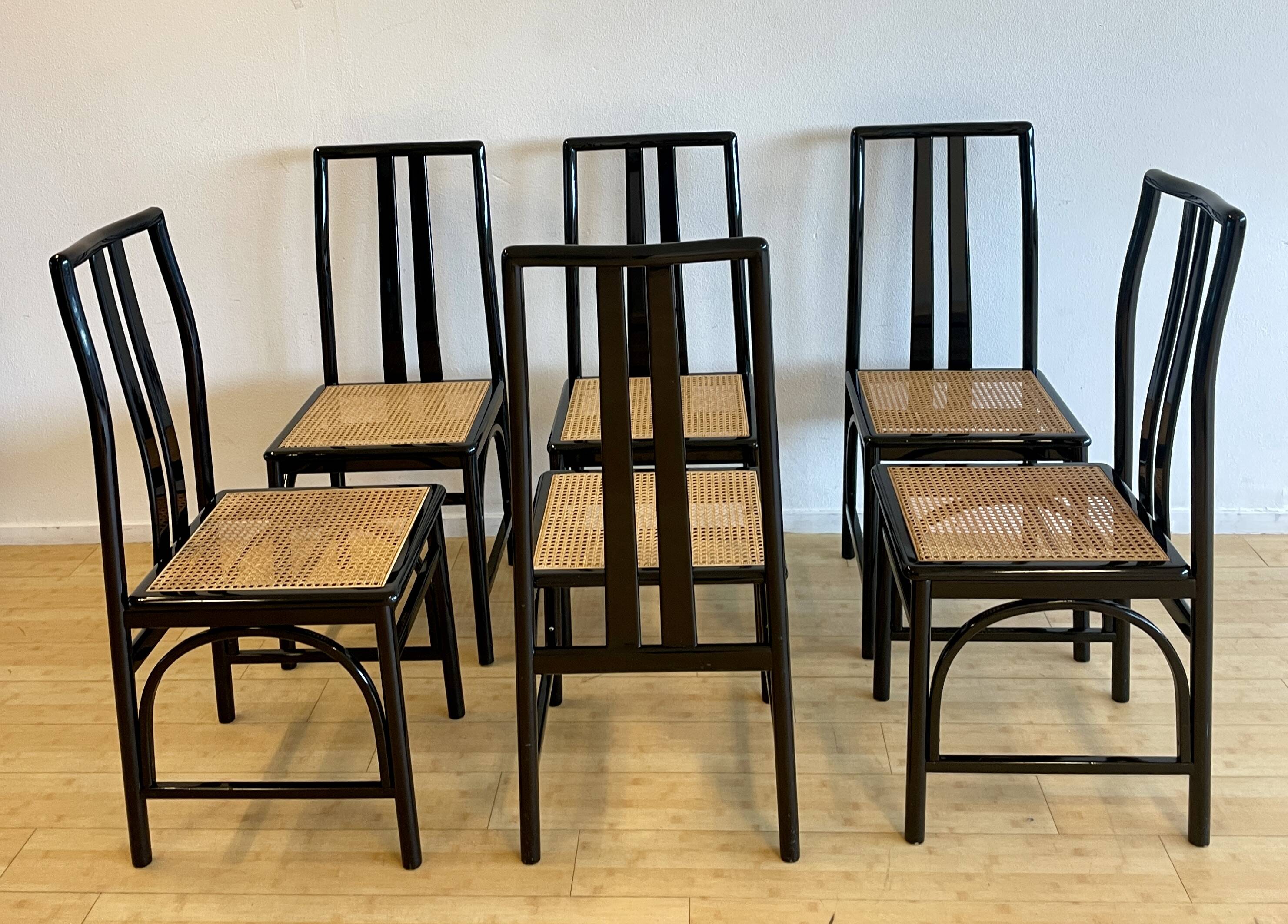 Set of 6 black lacquered and cane chairs by Montina s.p.a.
