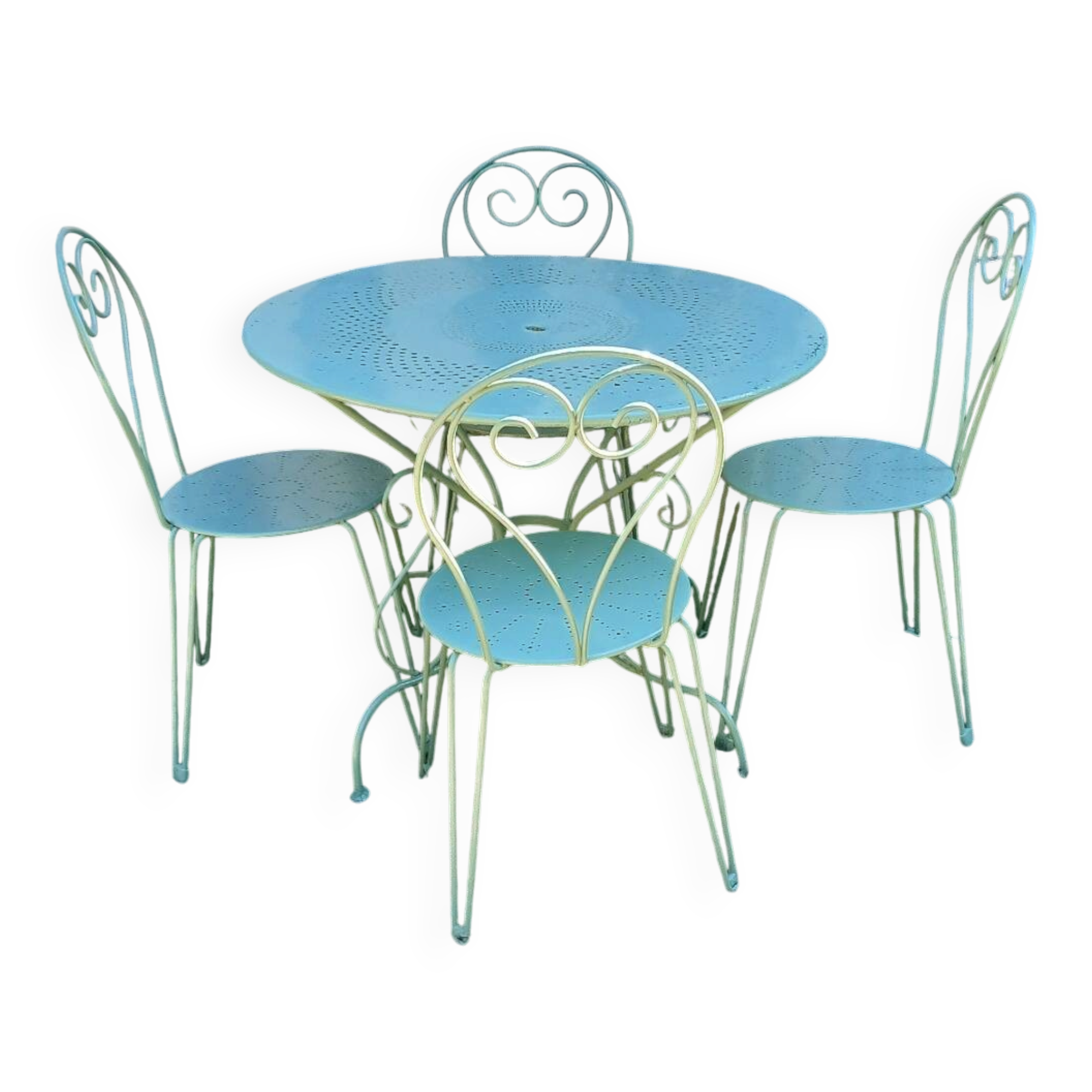 Salon de jardin 1 table 4 chaises fer forgé ancien vert Provence