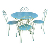 Garden furniture set with 1 table and 4 chairs, antique green wrought iron, Provence style.