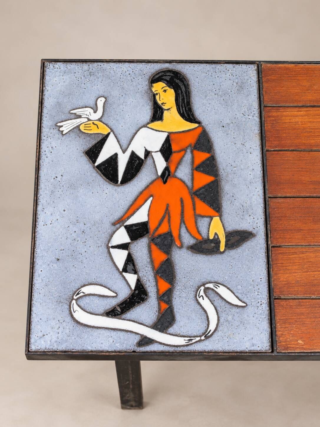 Vintage coffee table in wood, metal and ceramic Harlequin decor – 1960s