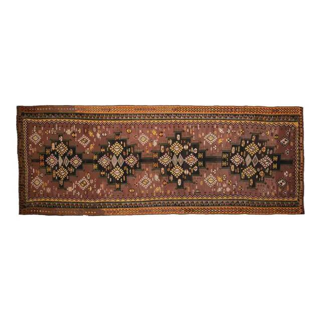1970s Vintage Turkish Handmade Wool & Cotton Brown Runner Rug 178x475